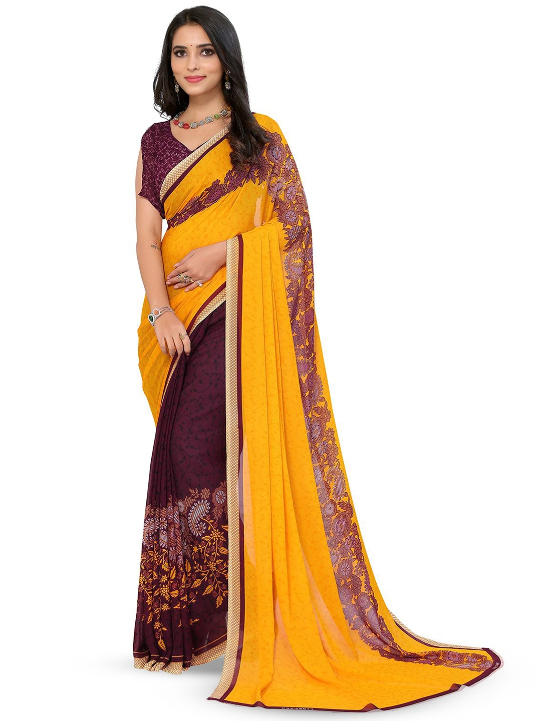 

Moda Rapido Floral Printed Saree With Unstiched Blouse Piece, Yellow