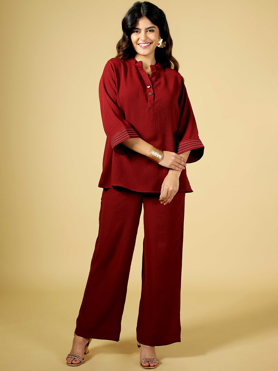 

BEOM Crimson Bloom Mandarin Collar Tunic & Trouser, Maroon