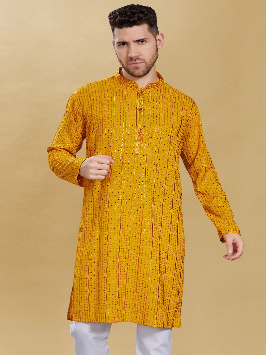 

DIVISIVE Geometric Embroidered Sequinned Work Mandarin Collar Straight Kurta, Mustard