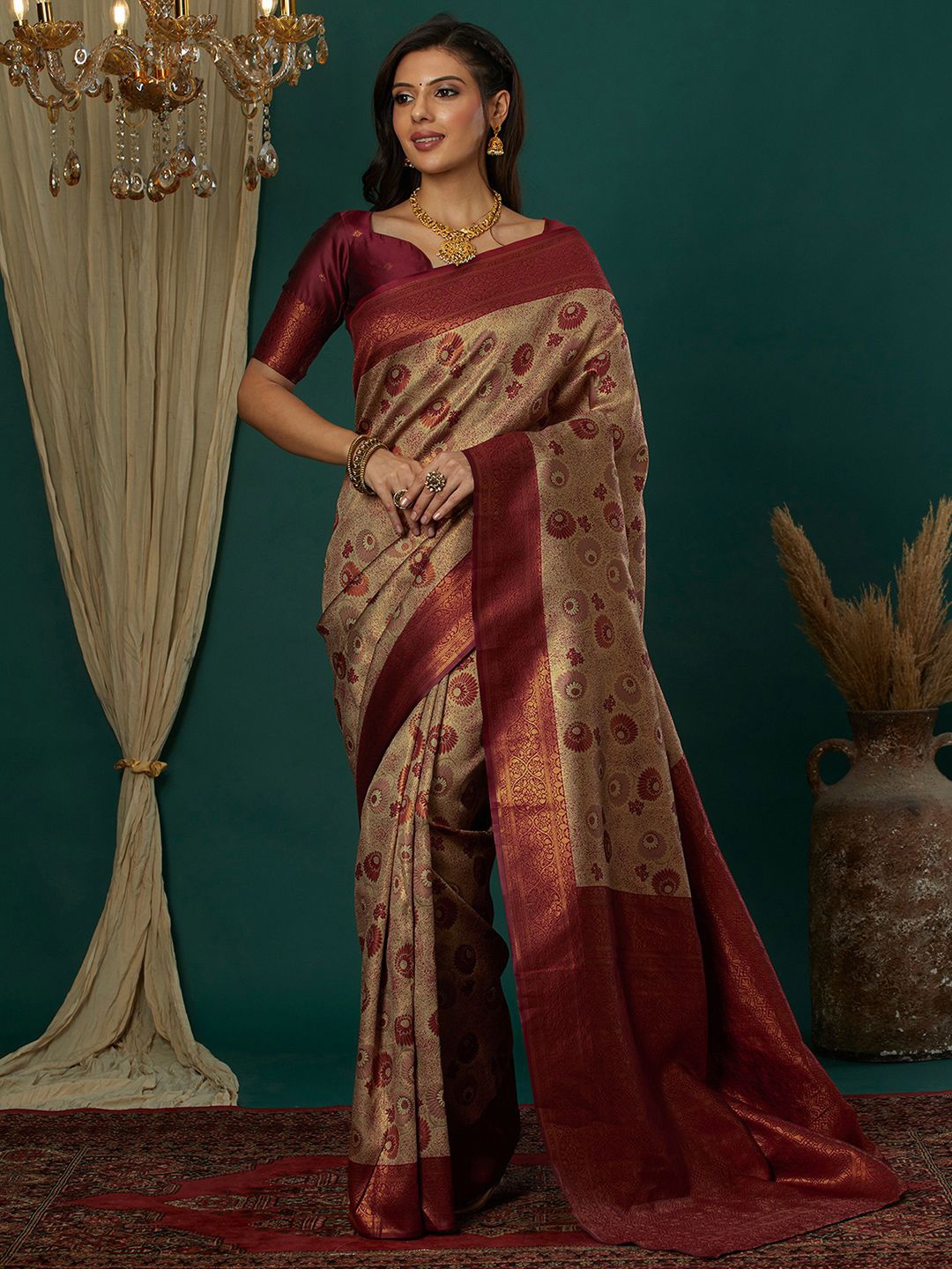 

Mitera Ethnic Motifs Zari Banarasi Saree, Beige