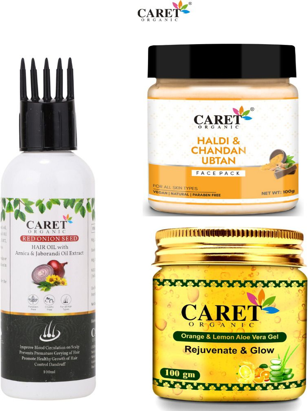 

CARET ORGANIC Set Of 3 Onion Seed Hair Oil-Chandan Face-Pack & Lemon Gel - 100 g Each, White