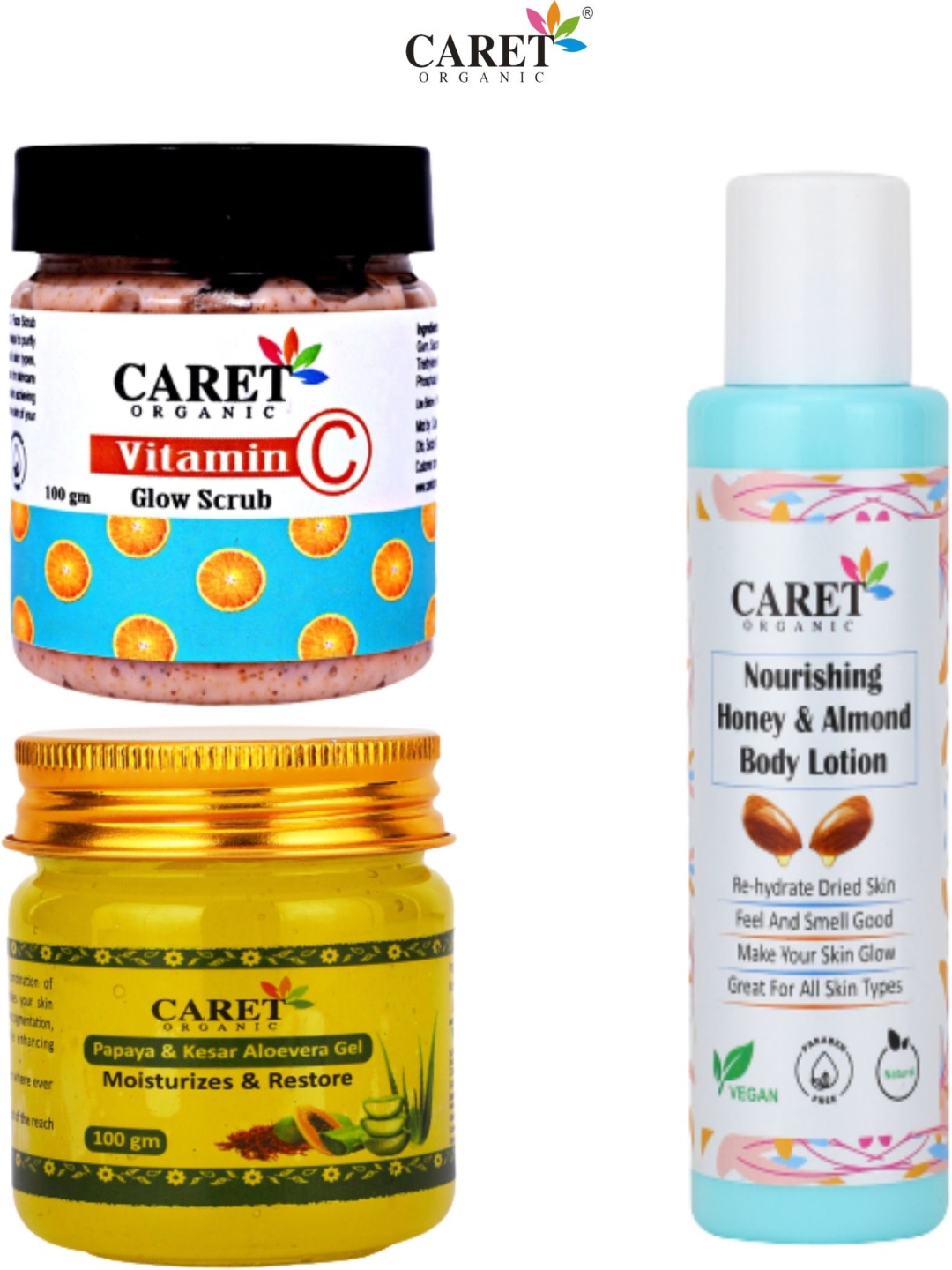 

CARET ORGANIC Set Of 3 Vitamin C Scrub, Papaya Gel & Honey & Almond Lotion - 100 g Each, Yellow
