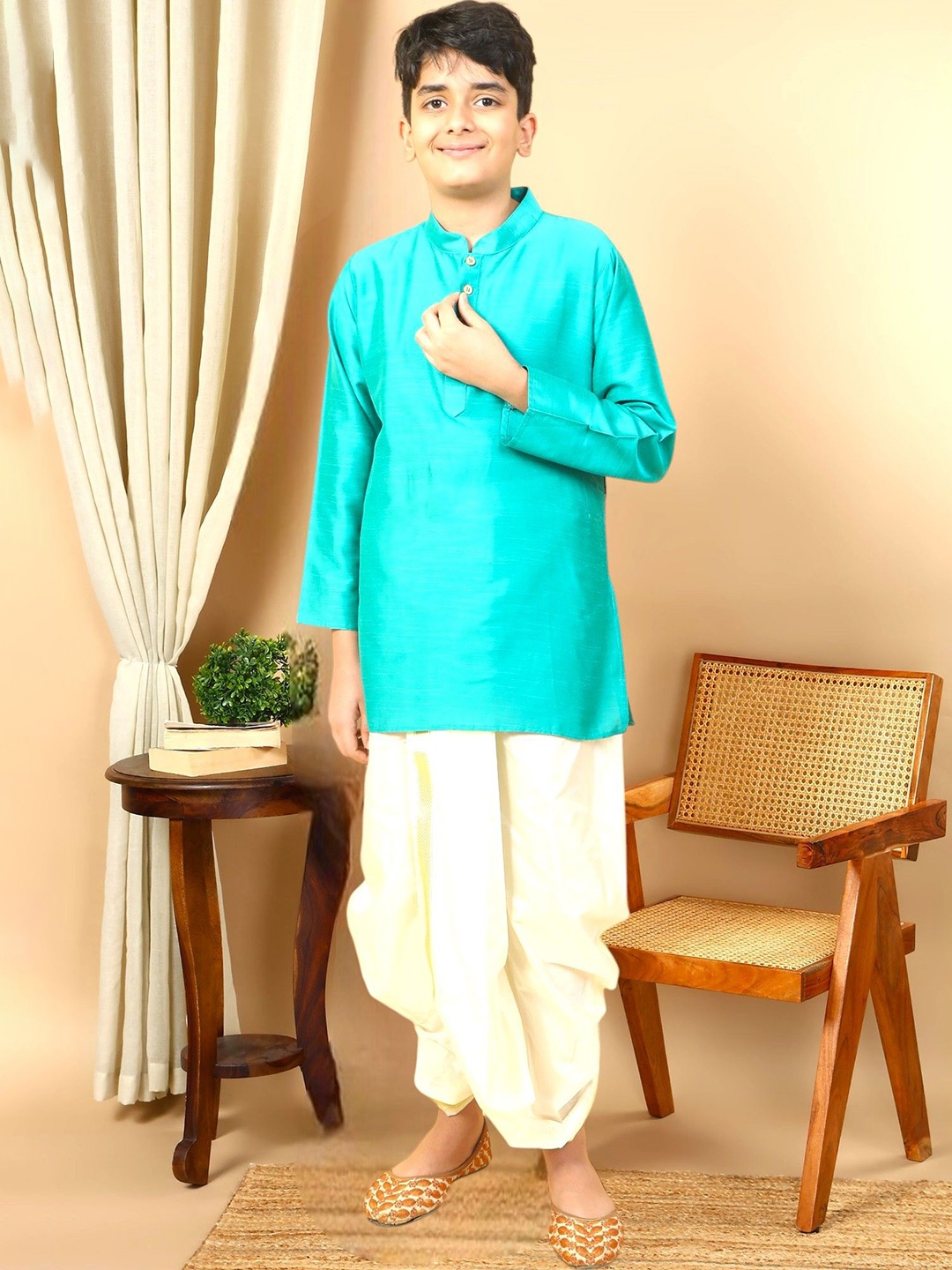 

TATTVA Boys Mandarin Collar Pure Cotton Straight Kurta with Dhoti Pants & Dupatta, Blue