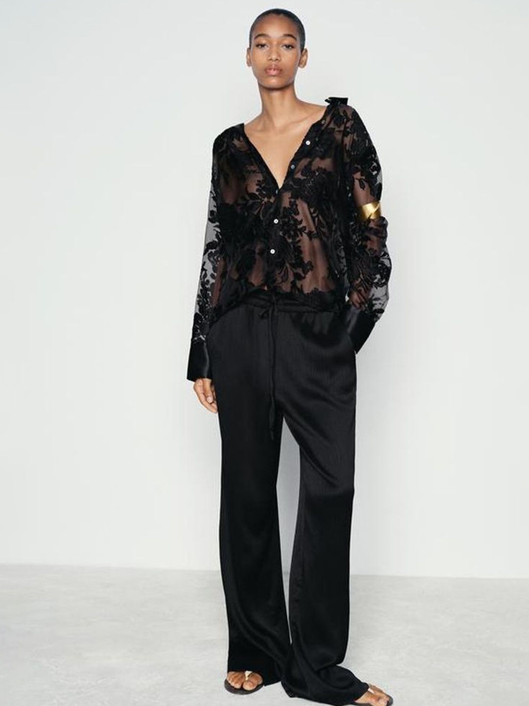

LULU & SKY Floral Sheer Button-up Shirt Style Top, Black
