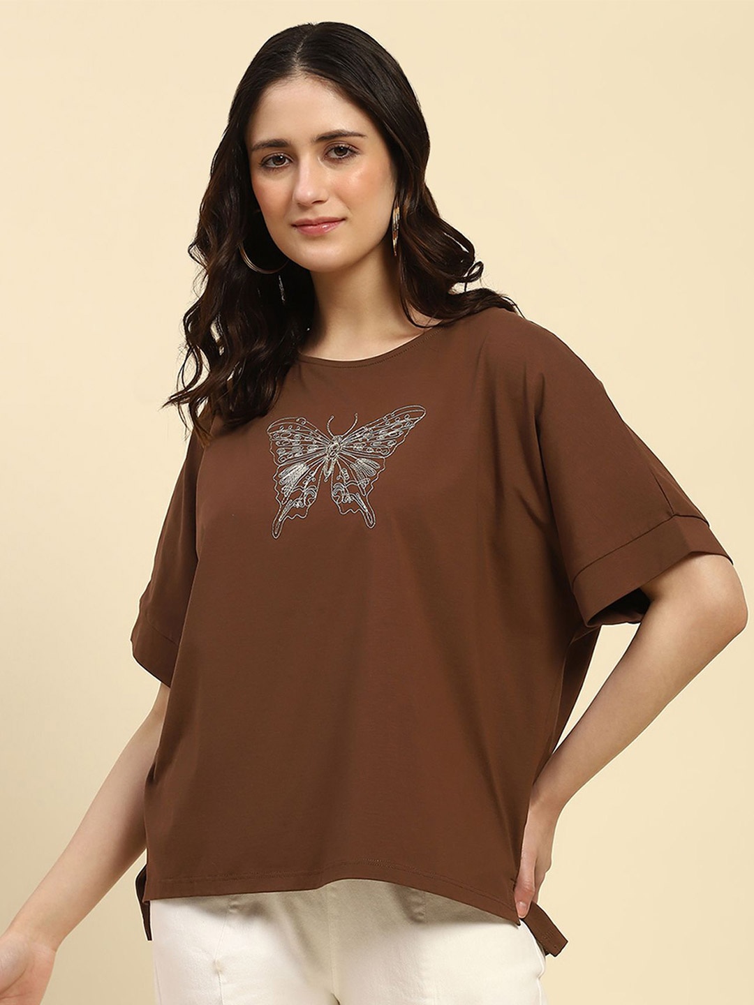 

Global Republic Women Embroidered Extended Sleeves Cotton Top, Brown