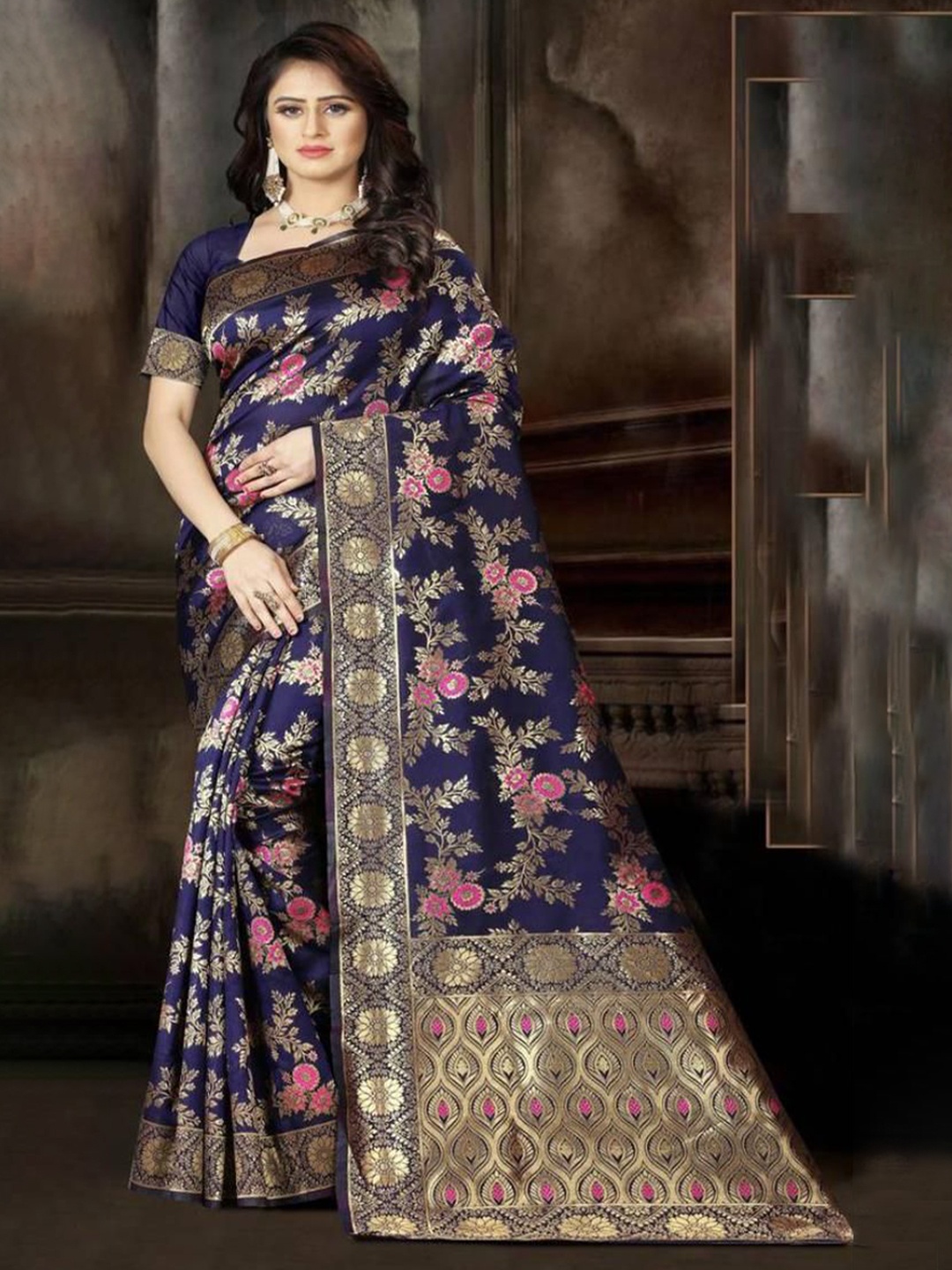 

F FASHION Floral Zari Banarasi Saree, Navy blue