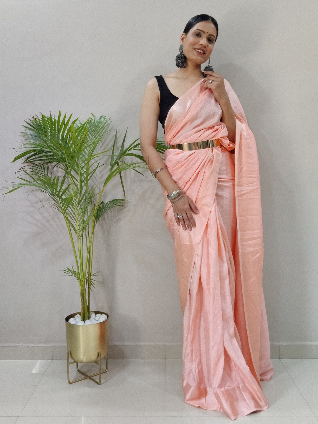 

ZIBLON Pure Chiffon Ready to Wear Saree, Peach