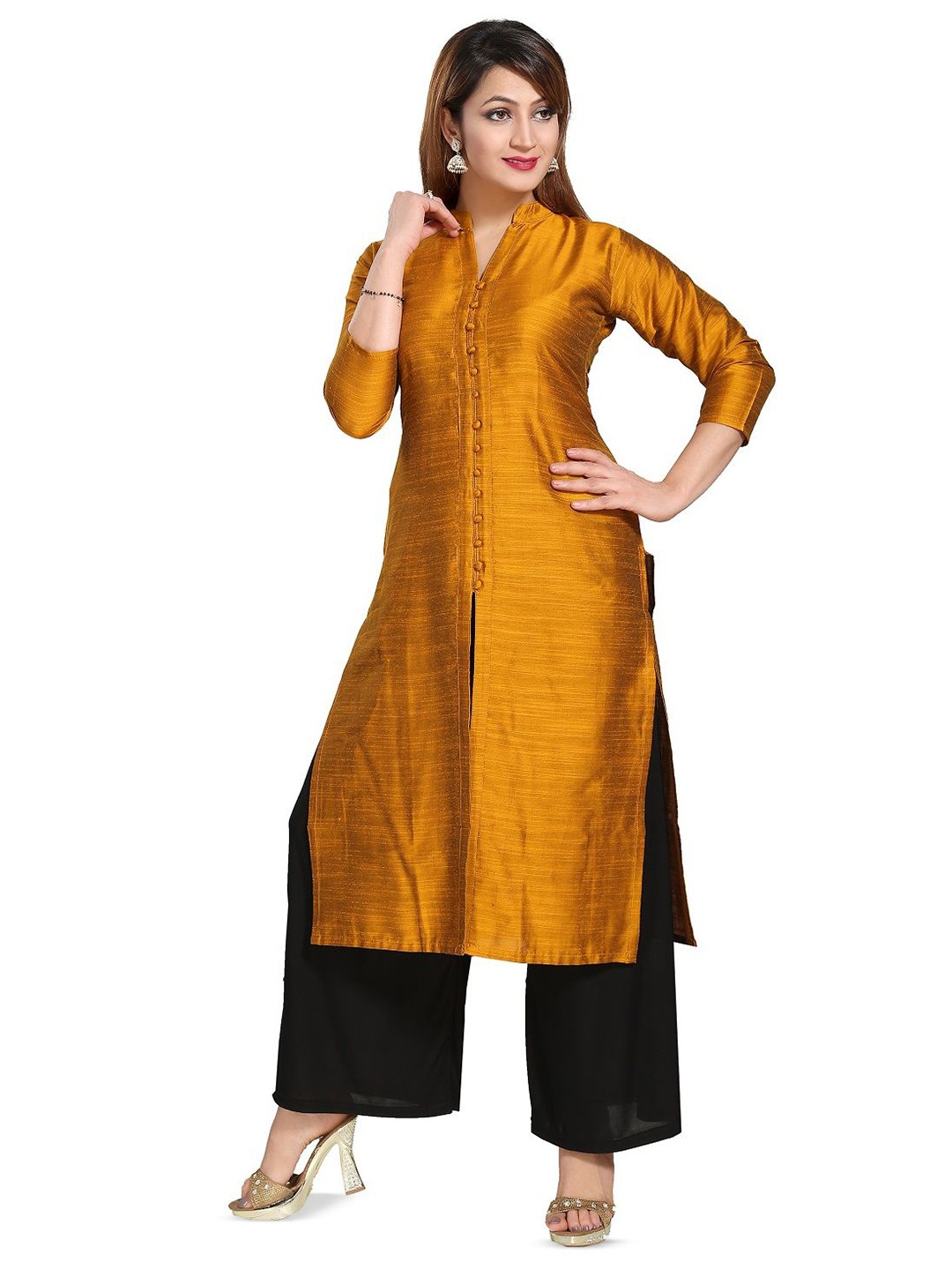 

DREAM & DZIRE Mandarin Collar A-Line Kurta, Mustard