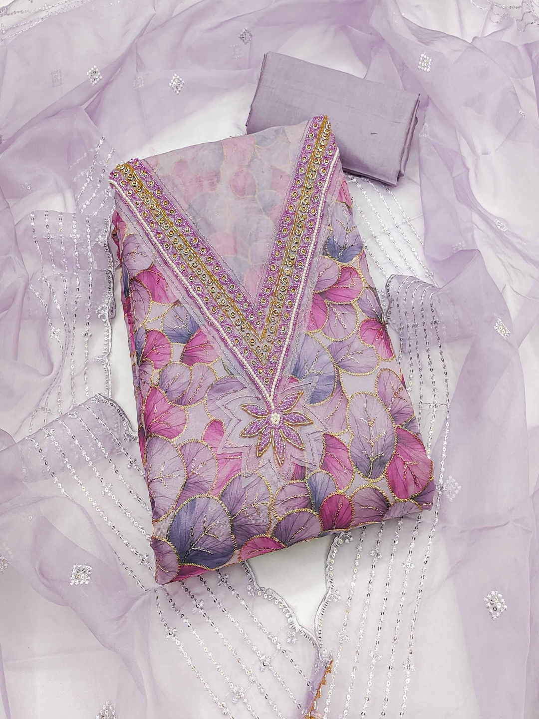 

Maroosh Floral Printed Beads And Stones Organza Unstitched Dress Material, Lavender