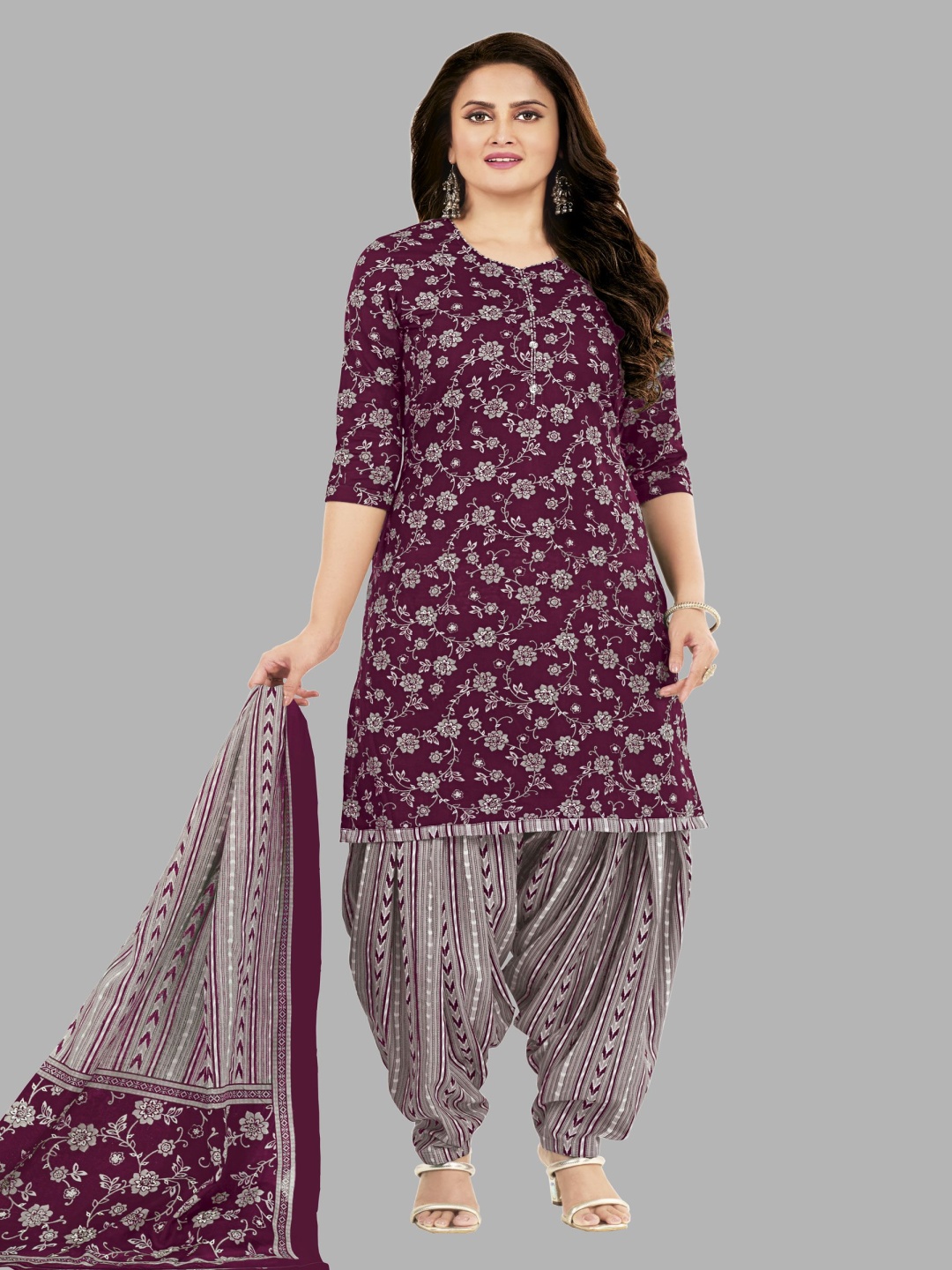 

shree jeenmata collection Printed Pure Cotton Unstitched Dress Material, Purple