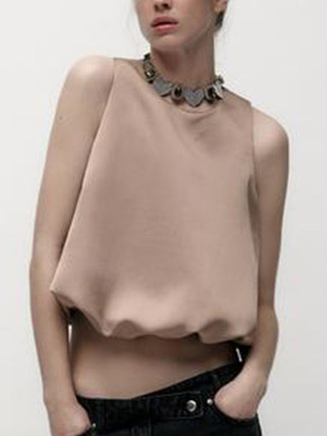

LULU & SKY Women Round Neck Balloon Crop Top, Pink
