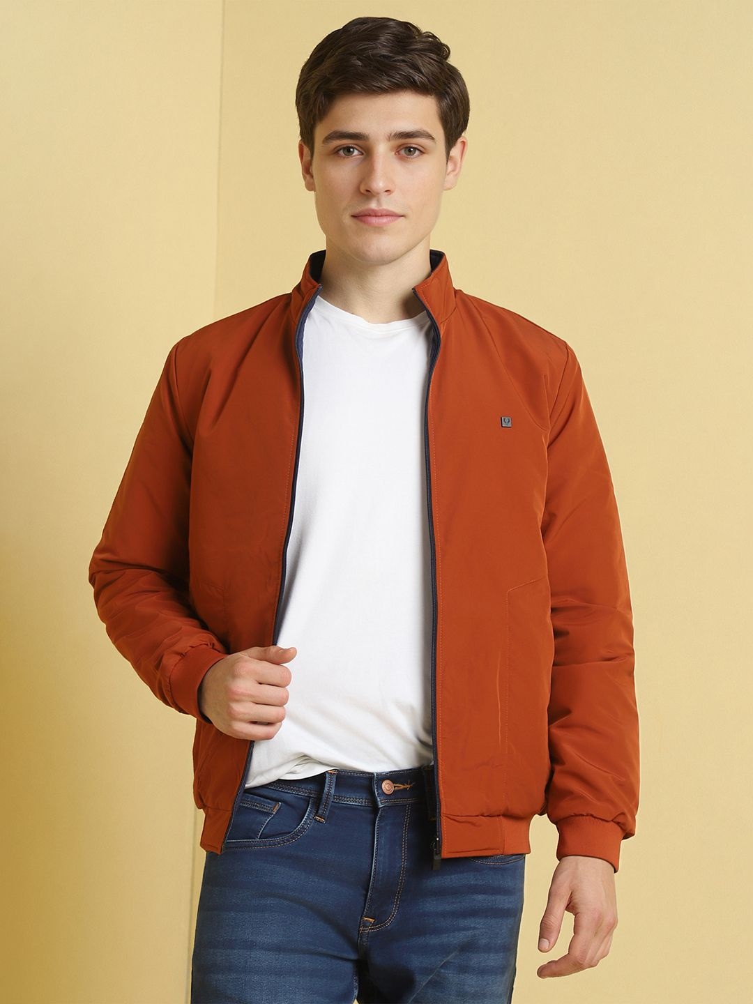 

Allen Solly Men Stand Collar Solid Casual Reversible Bomber Jacket, Rust