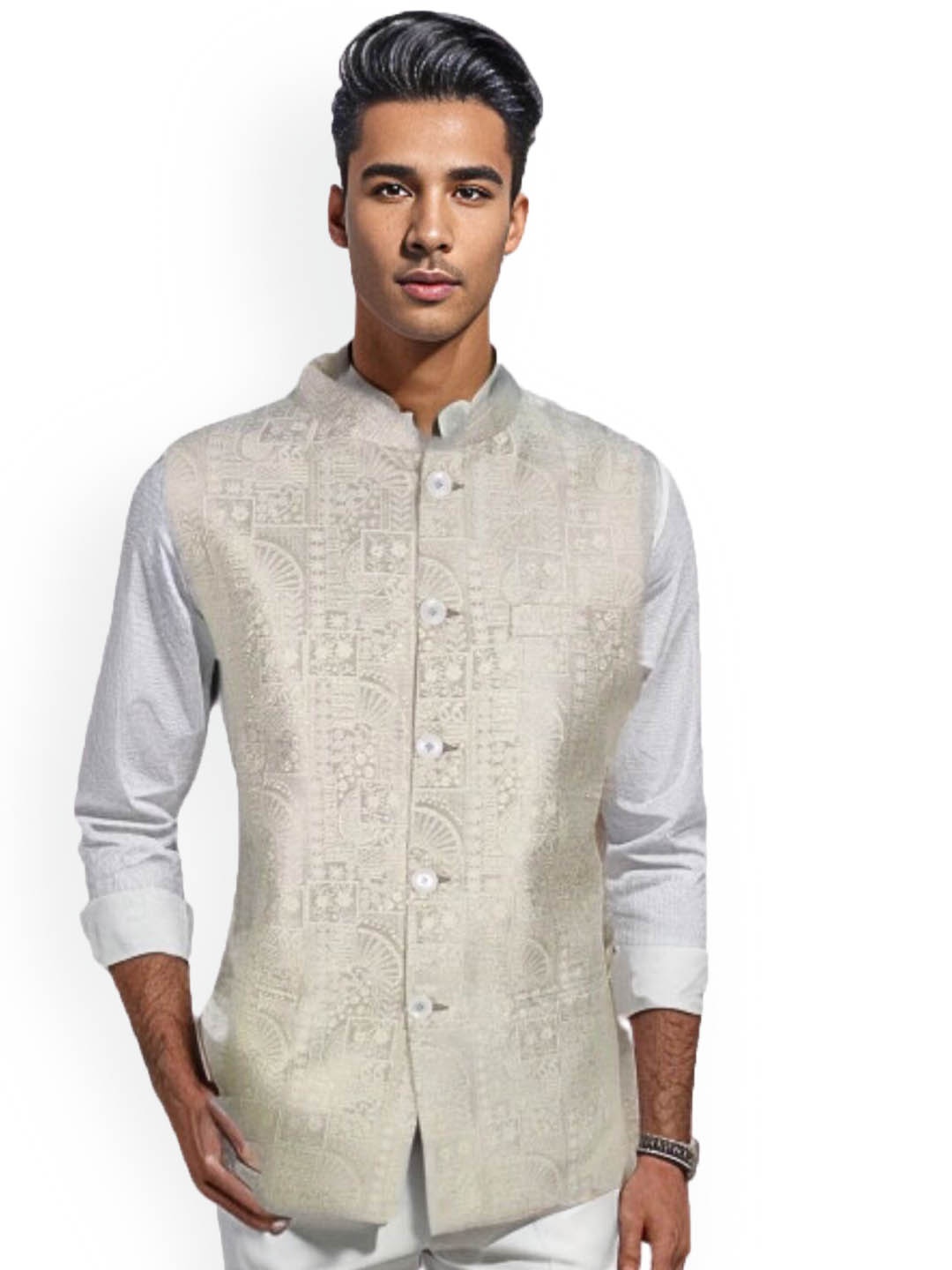 

Blacksmith Woven Design Nehru Jacket, Grey