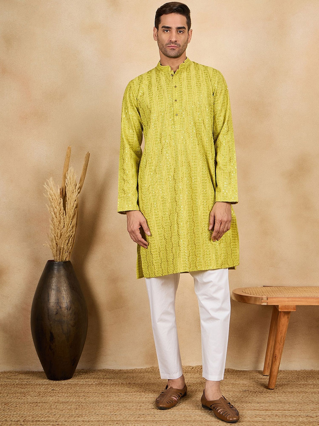 

SWAGG INDIA Geometric Embroidered Mandarin Collar Sequinned Straight Kurta, Yellow