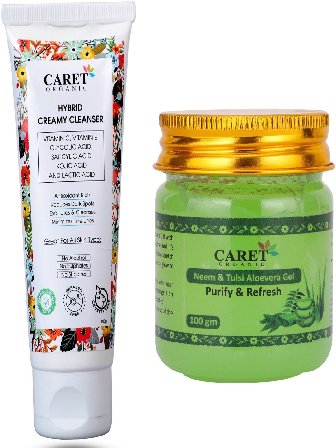 

CARET ORGANIC Set Of 2 Hybrid Creamy Cleanser & Tulsi & Aloevera Gel- 100 g Each, White