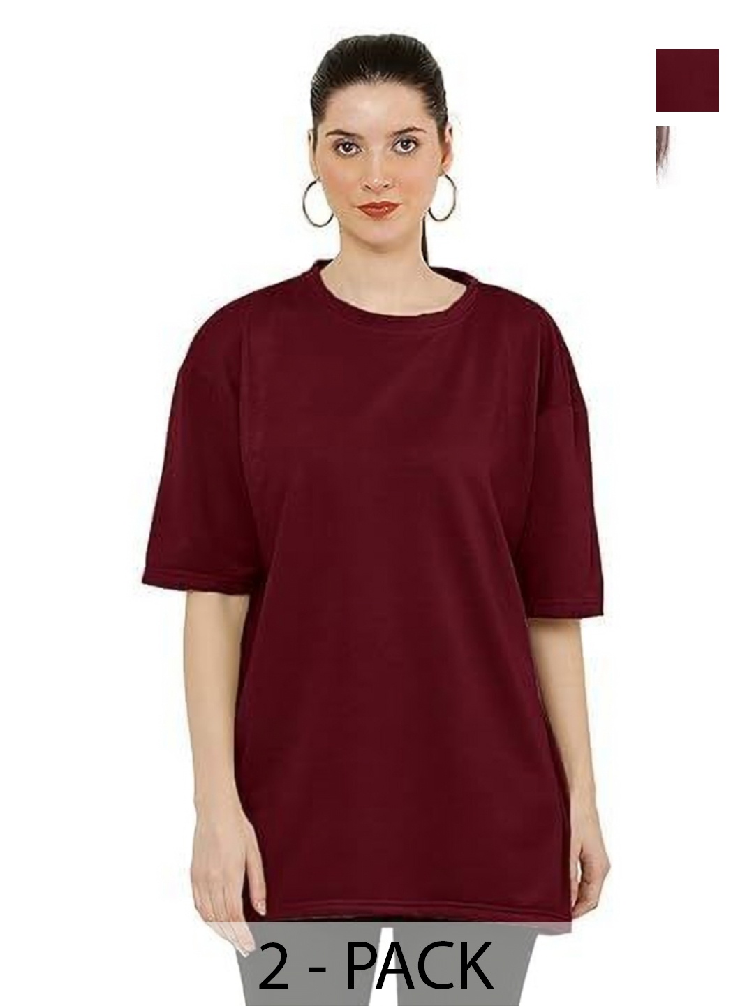 

NOTWILD Women Pack Of 2 Solid Round Neck Cotton Oversized T-shirts, Maroon