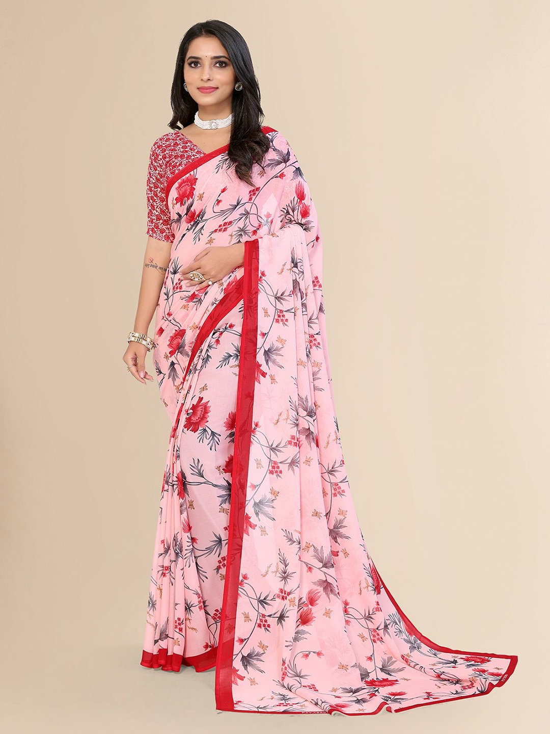 

Moda Rapido Floral Poly Georgette Saree, Pink