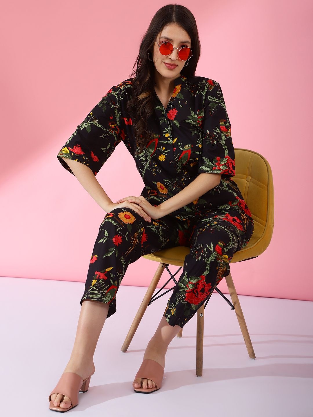 

Safeera Women Cotton Printed Co-Ord Set, Black