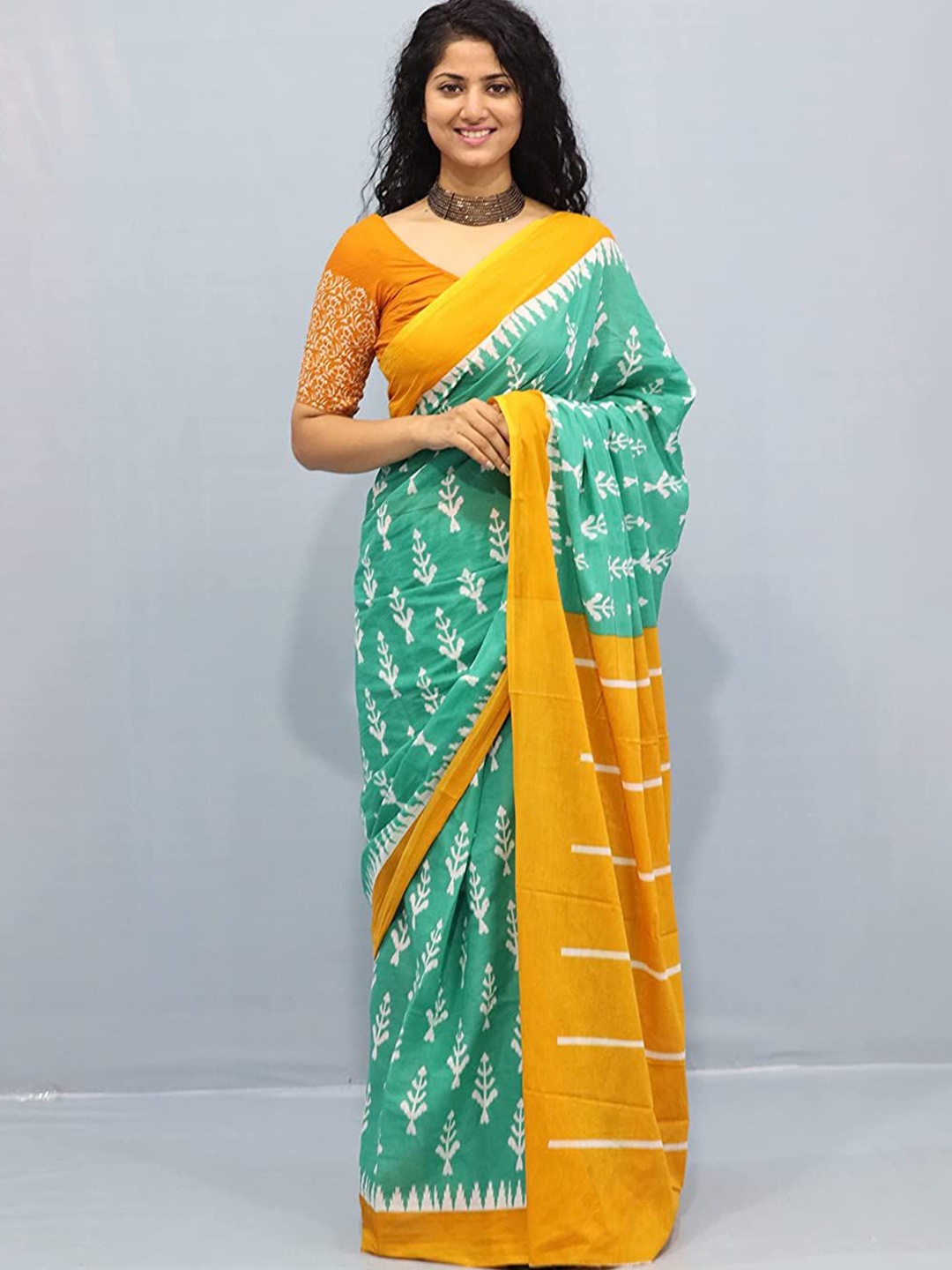 

Pinkcity Trade World Ethnic Motifs Pure Cotton Block Print Saree, Green
