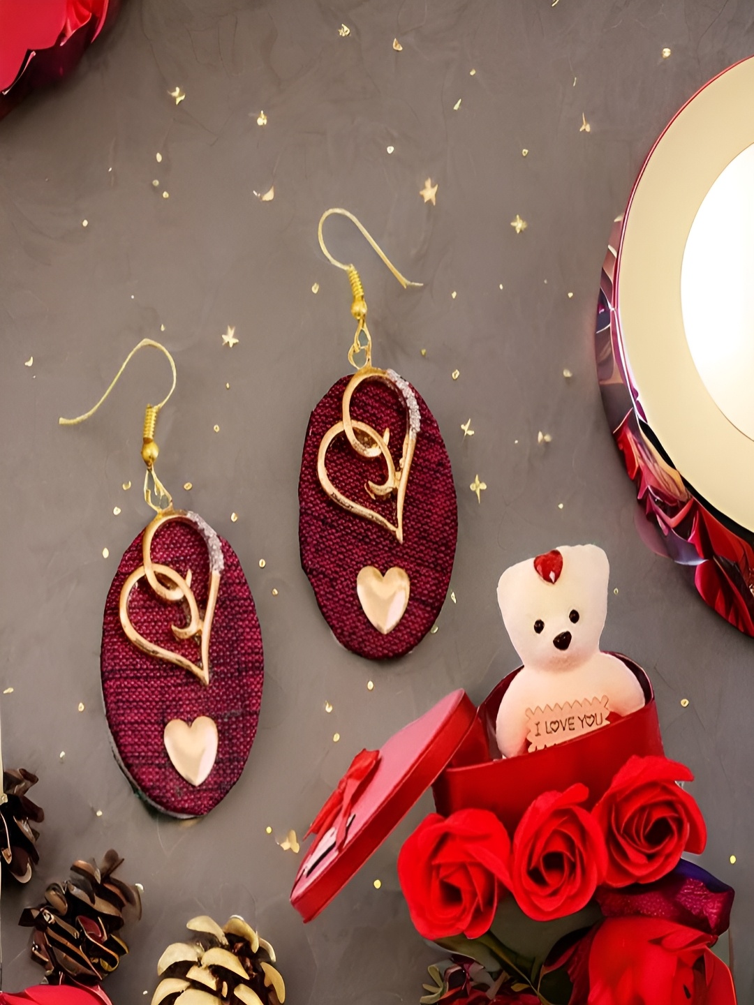 

UNIVERSITY TRENDZ Maroon Heart Dangle Earrings & Red Teddy Bear Combo Set