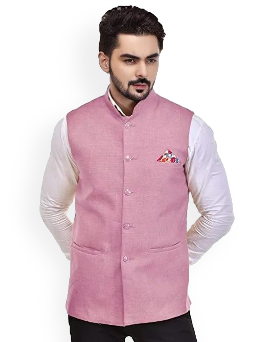 

Eliq Jute Cotton Woven Nehru Jacket, Pink