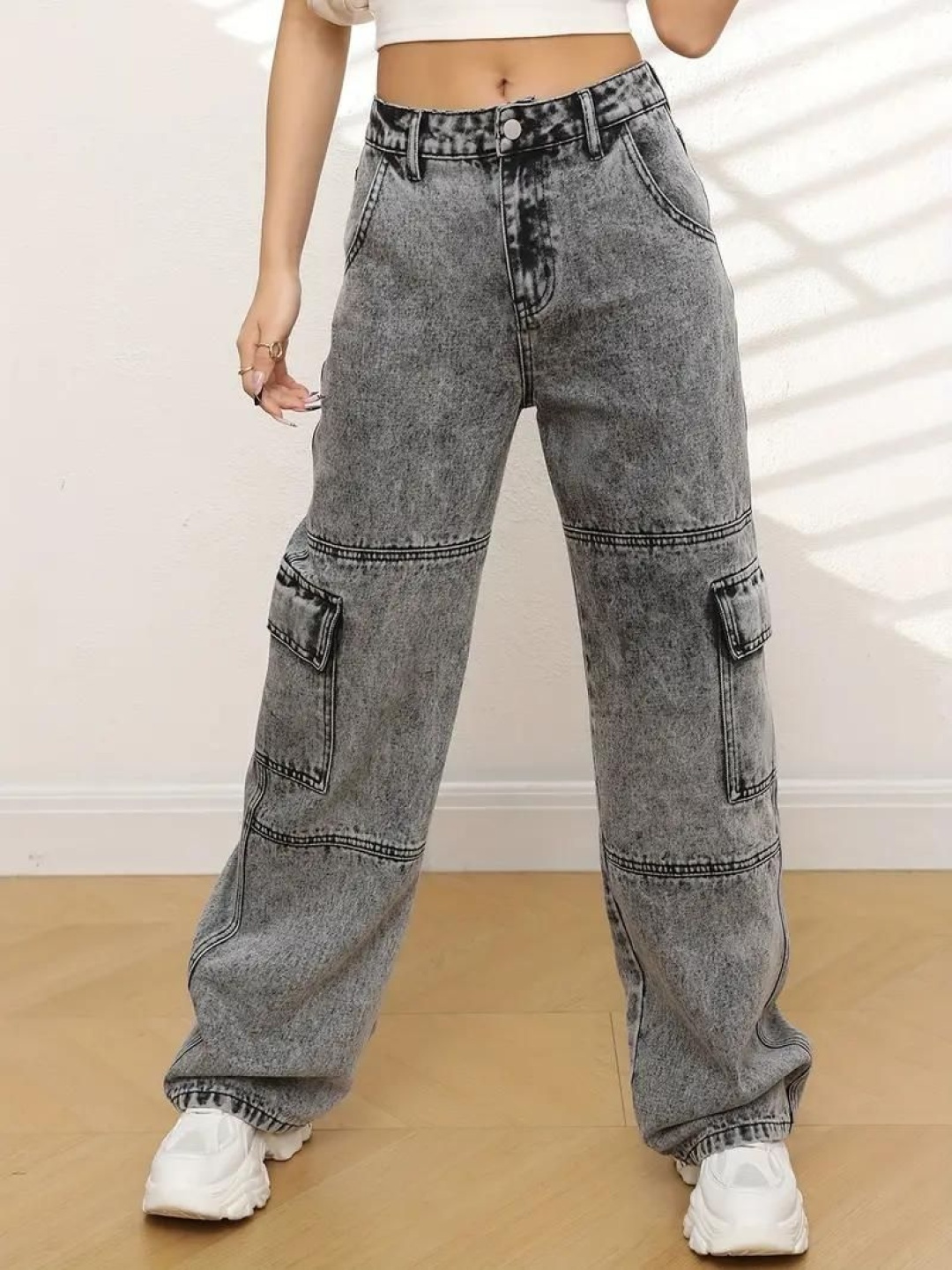 

Glossia Nova Women Comfort Wide Leg High-Rise Heavy Fade Acid Wash Stretchable Cargo Jeans, Grey