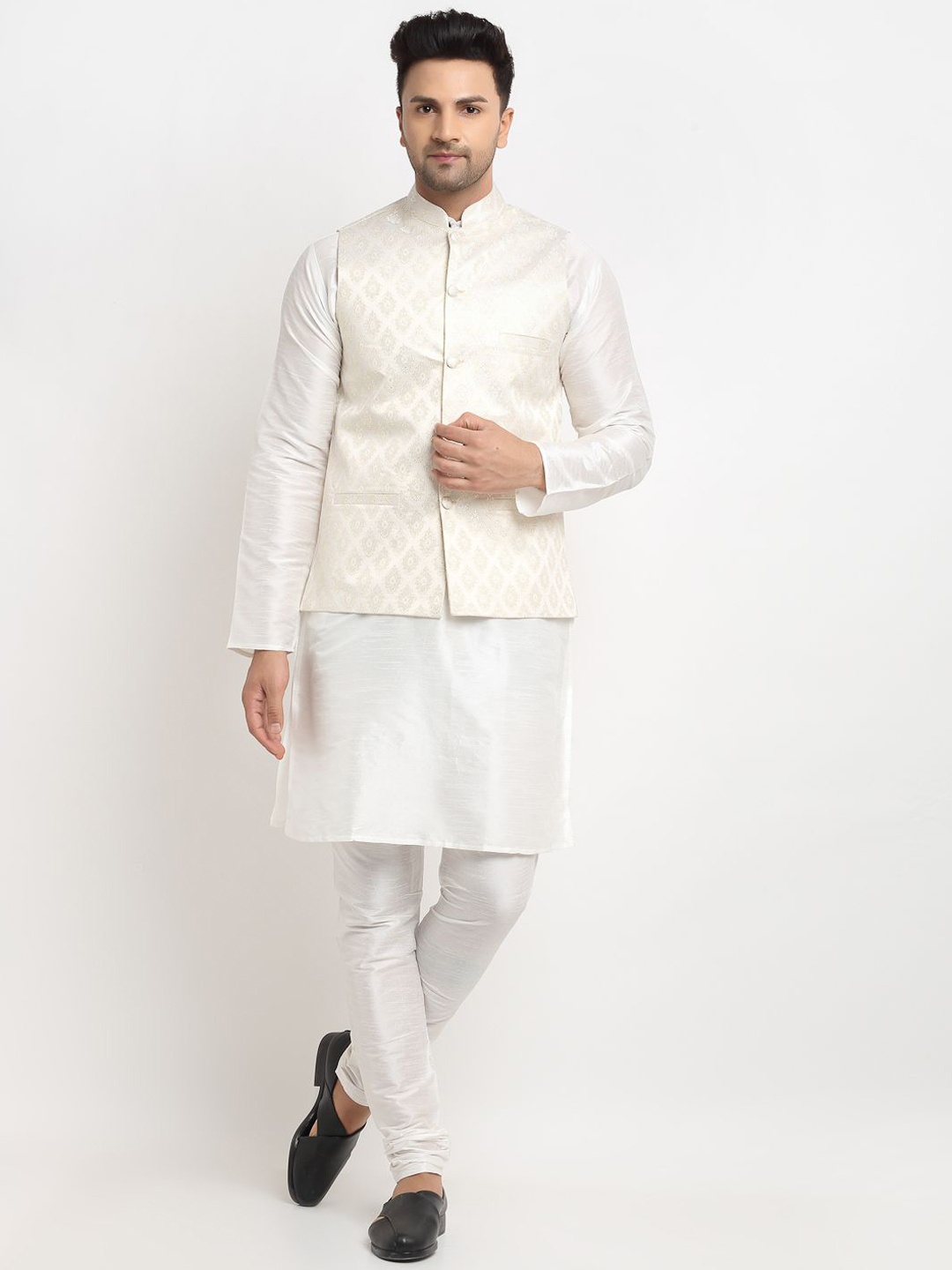 

Kaifoo Mandarin Collar Long Sleeves Straight Kurta with Churidar & Nehru Jacket, White