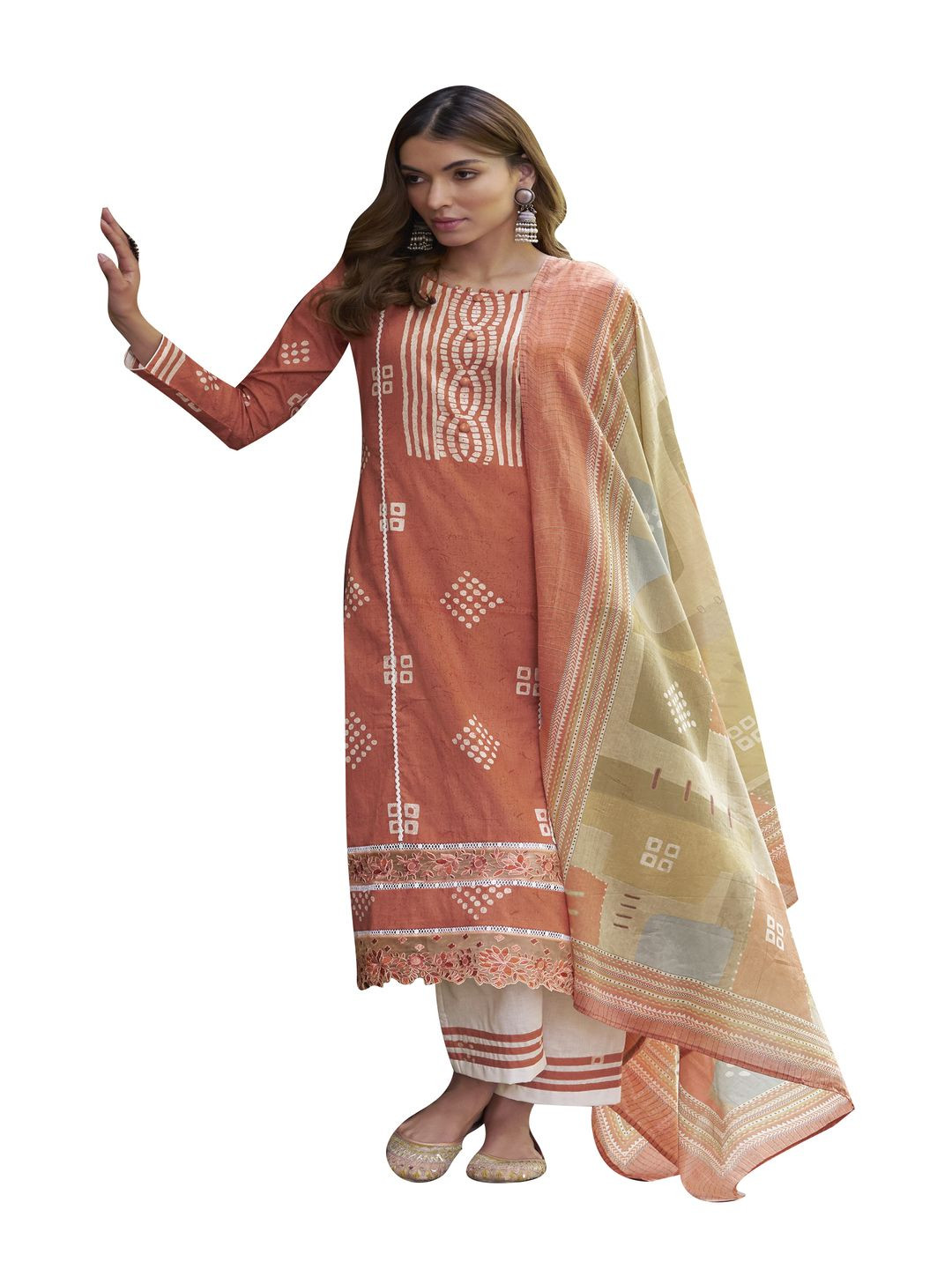 

DRAVINAM Trends Ethnic Motifs Printed Pure Cotton Unstitched Dress Material, Orange