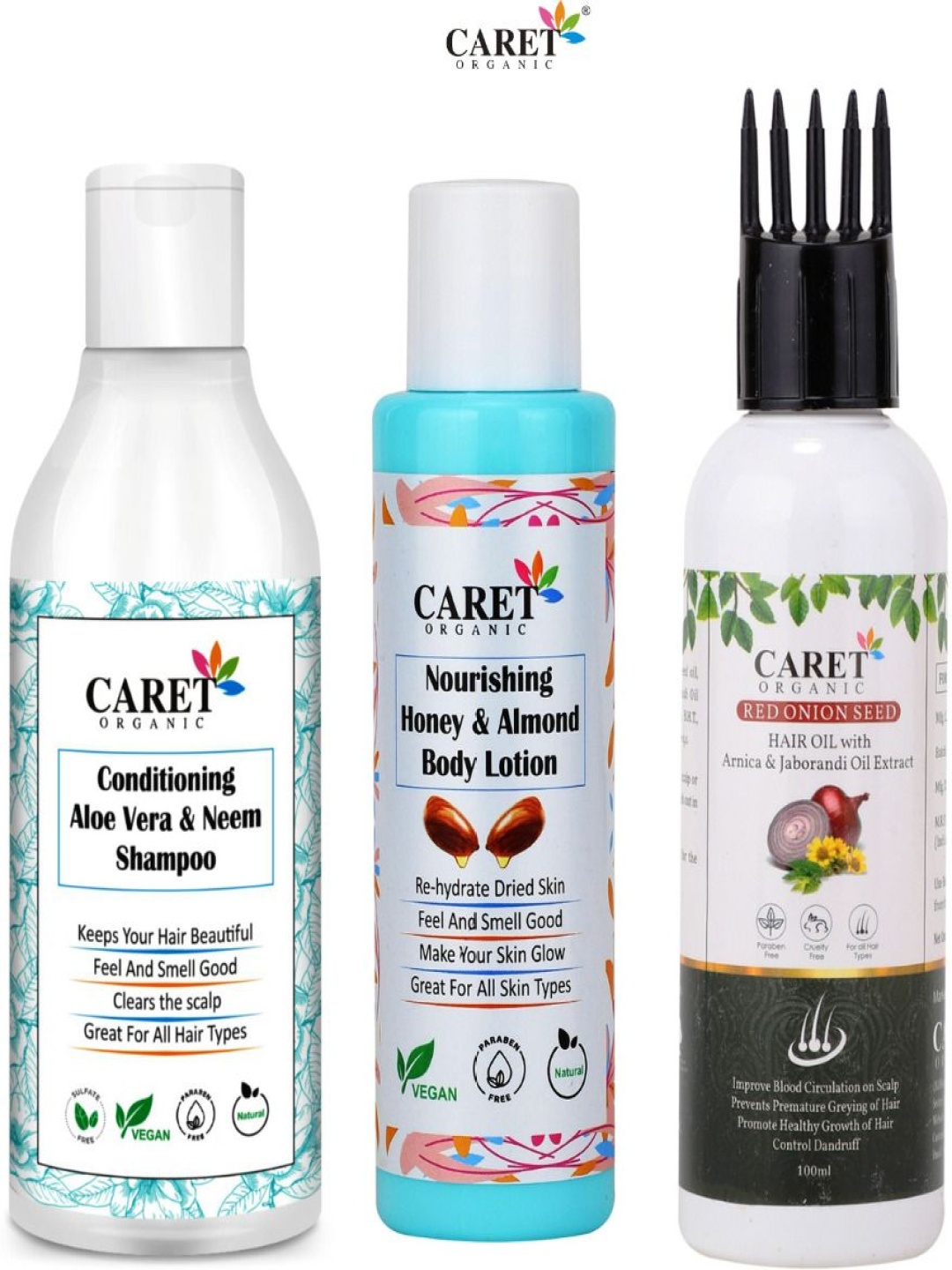 

CARET ORGANIC Set of 3 Conditioning Neem Shampoo, Body Lotion & Hair Oil- 100 ml Each, White