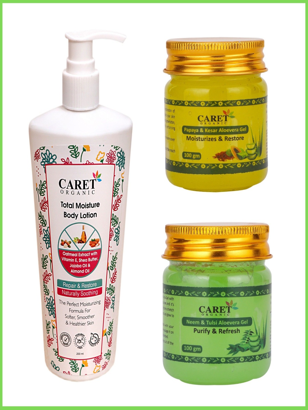 

CARET ORGANIC Set Of 3 Total Moisture Body Lotion With Papaya Kesar & Neem Aloevera Gel, White