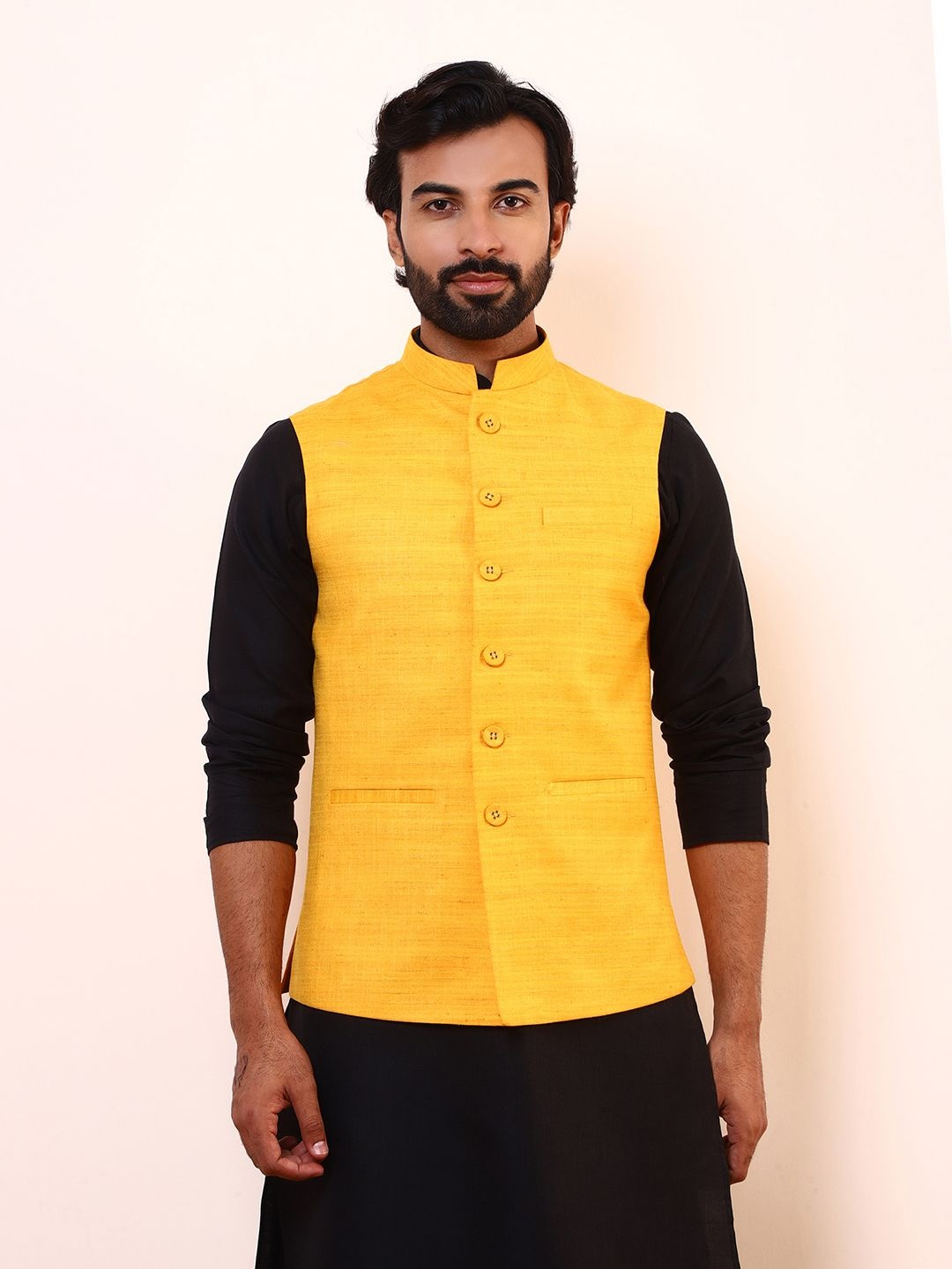 

Satwaa Mandarin Collar Cotton Linen Nehru Jacket, Yellow