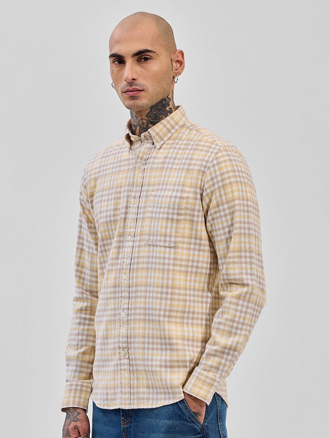 

Snitch Men Opaque Checked Formal Shirt, Beige