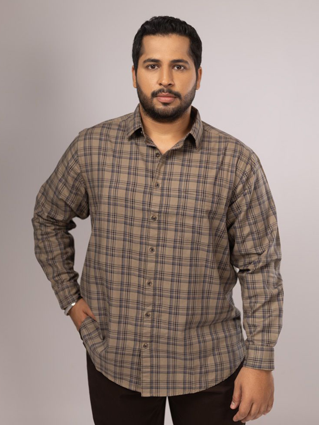 

Sizeupp Men Plus Size Standard Oversized Fit Tartan Checked Cotton Casual Shirt, Brown