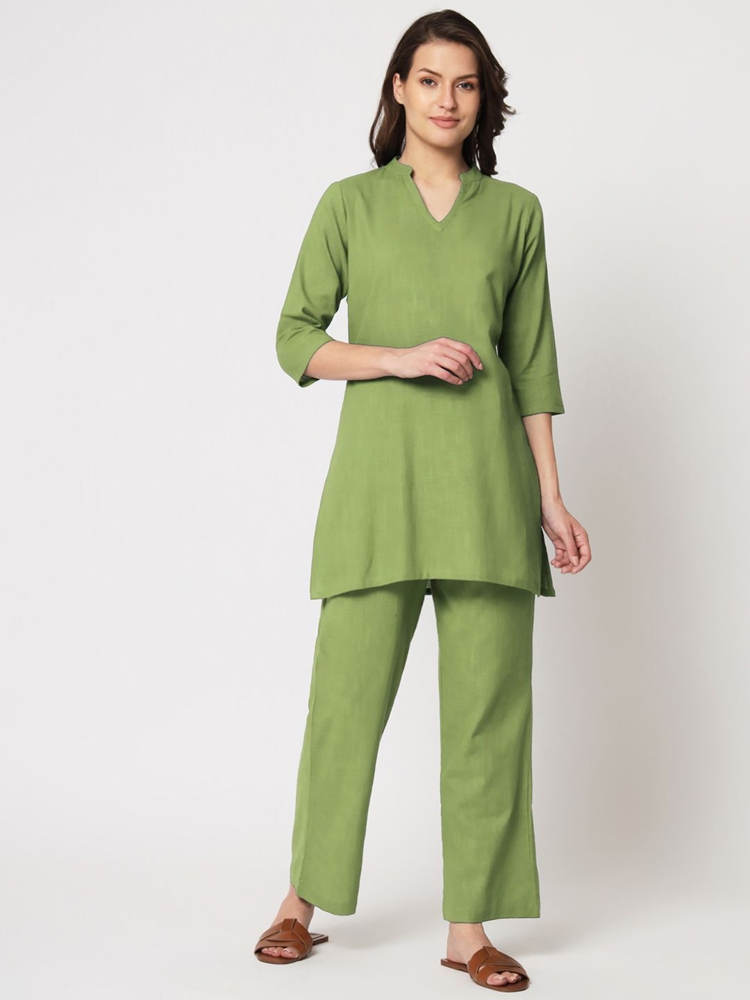 

Thevasa Mandarin Collar Pure Cotton Tunic And Trouser, Green