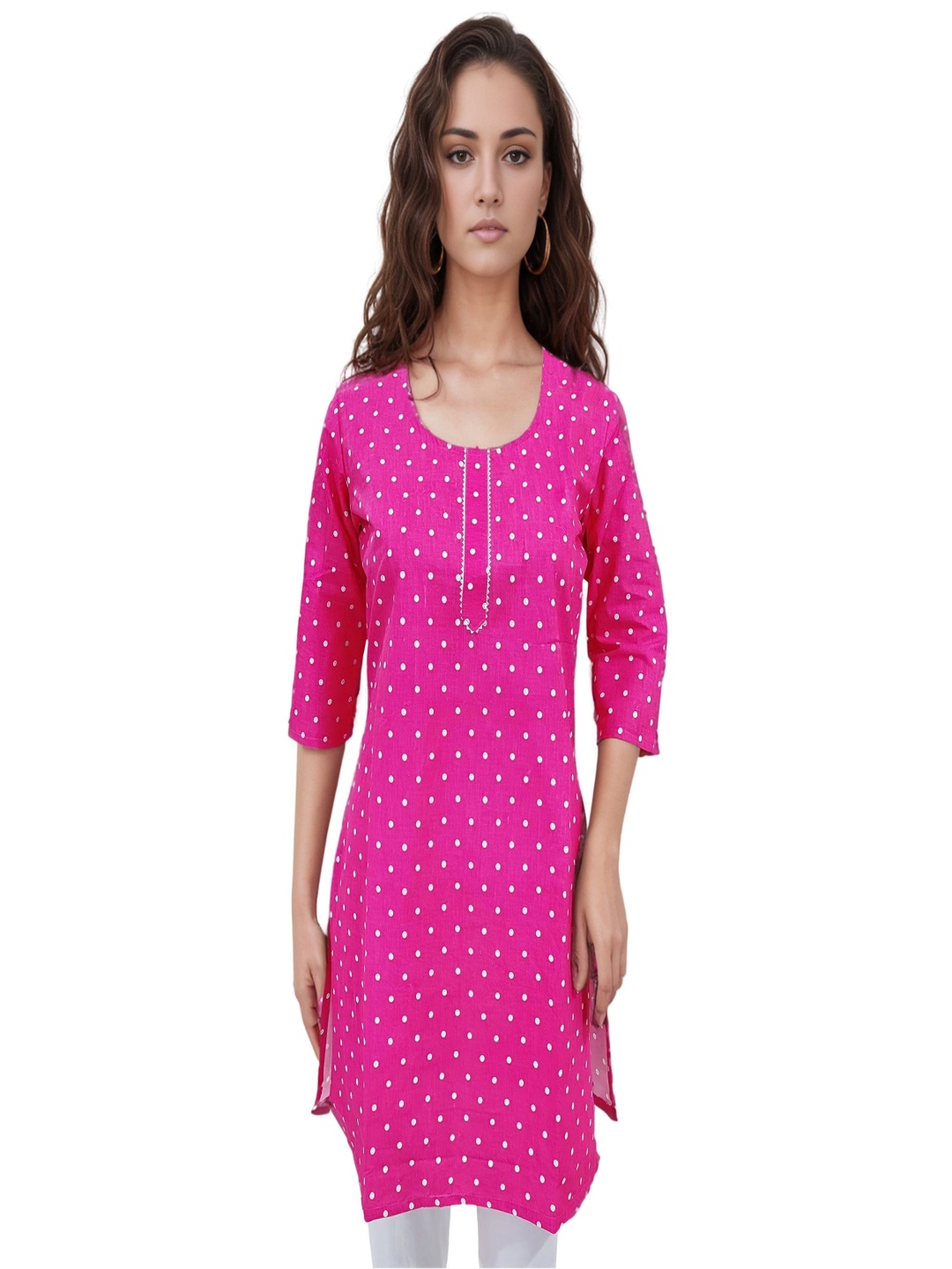 

RAYINVENT Polka Dots Printed Round Neck Gotta Patti Pure Cotton Straight Kurtas, Pink