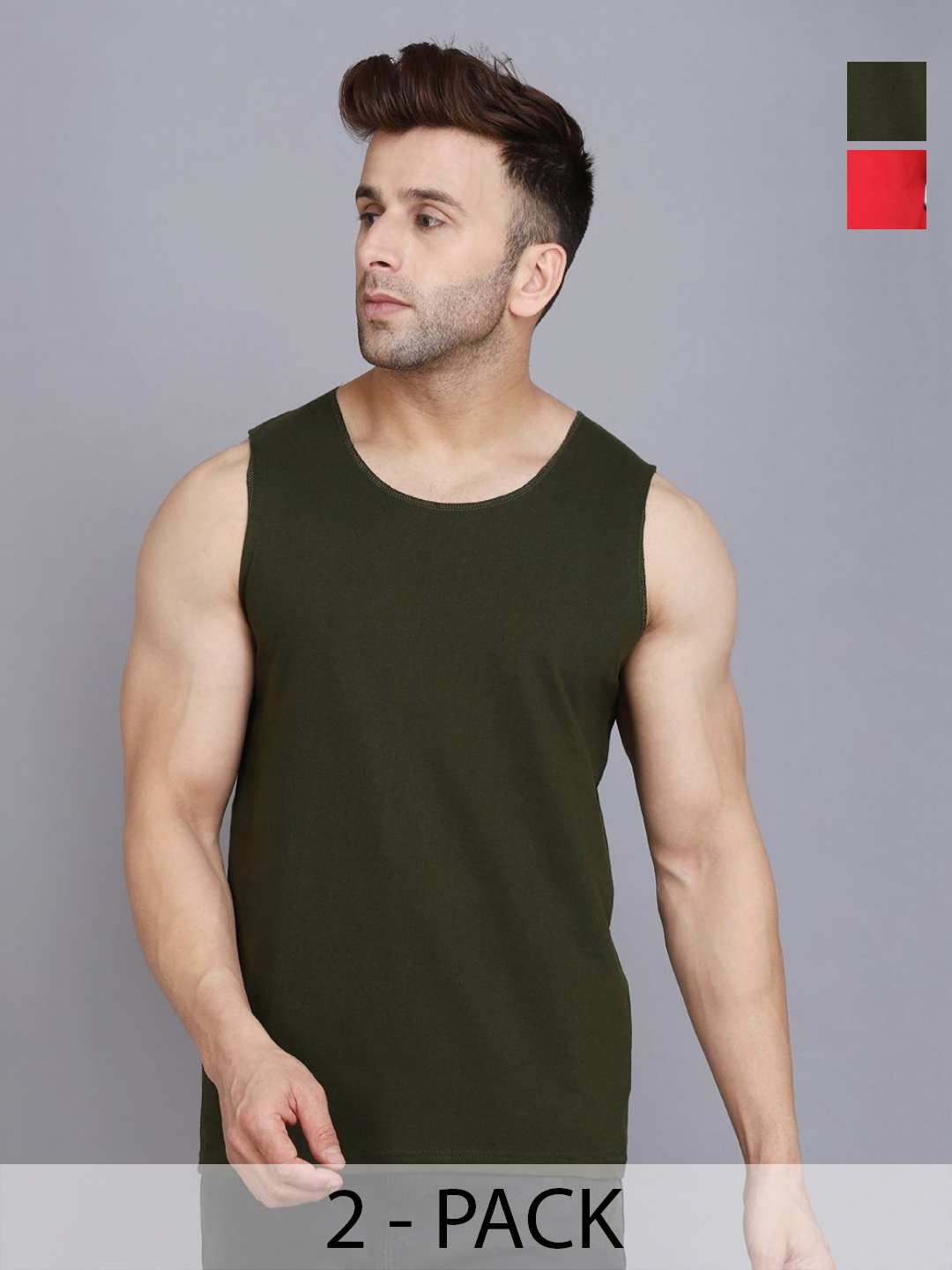 

WOOSTRO Men Pack Of 2 Solid Round Neck Cotton Slim Fit T-shirts, Olive