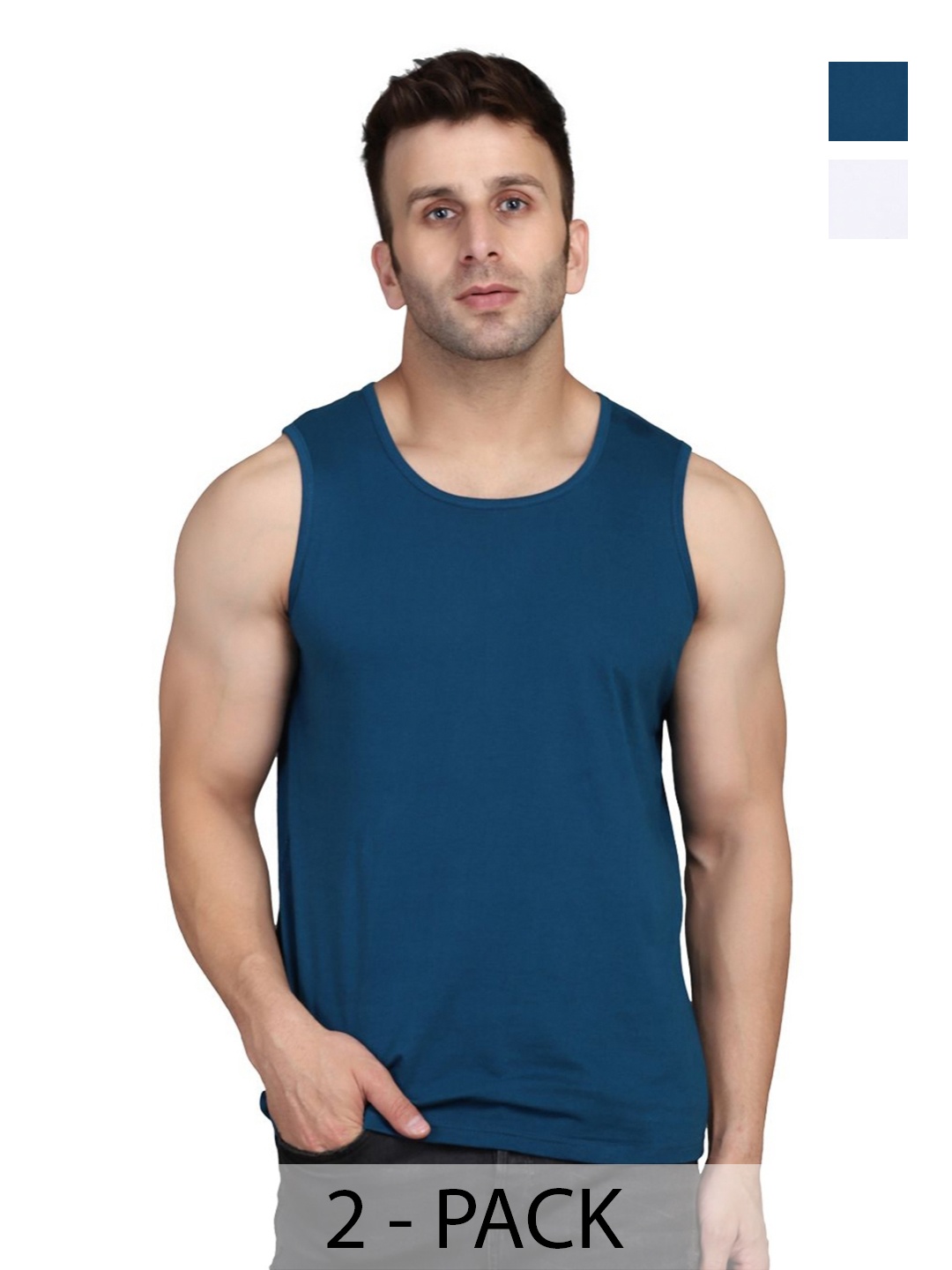 

WOOSTRO Men Pack Of 2 Solid Round Neck Cotton Slim Fit T-shirts, Navy blue
