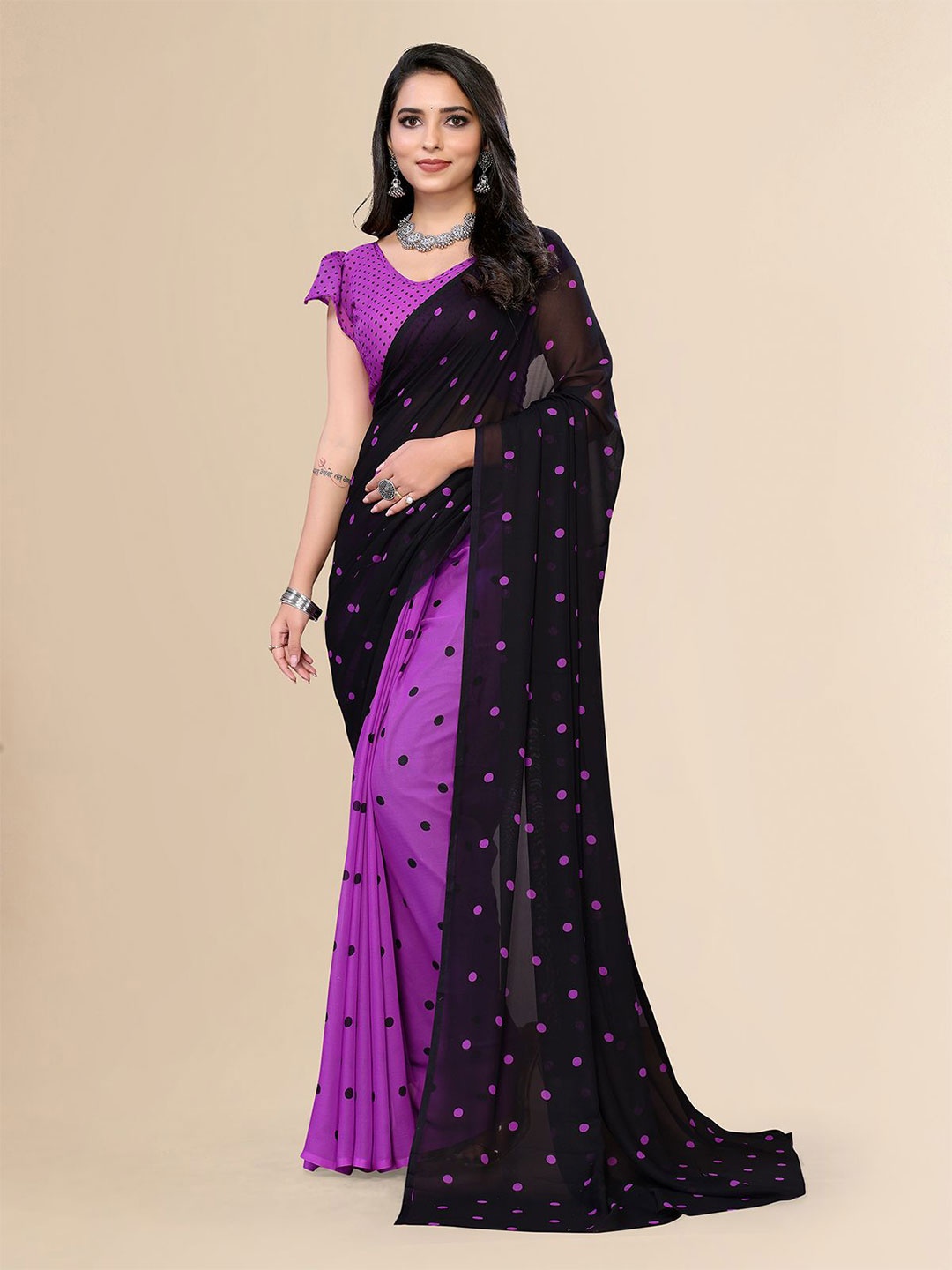 

Moda Rapido Polka Dot Printed Half and Half Saree, Purple