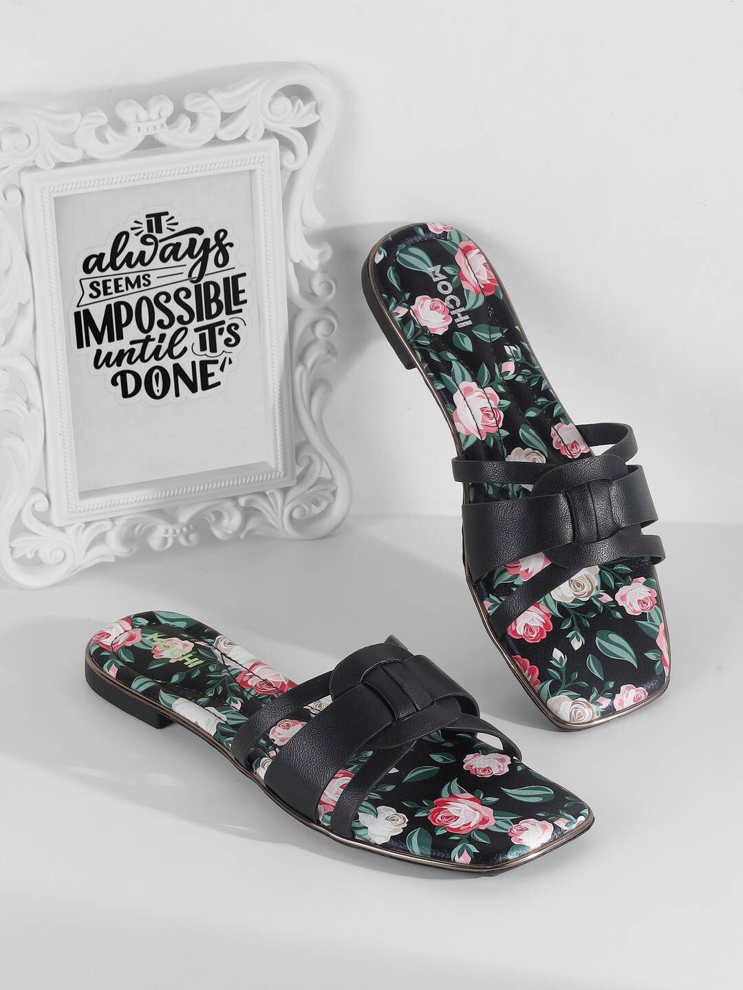 

Mochi Printed Block Heel Sandals, Black