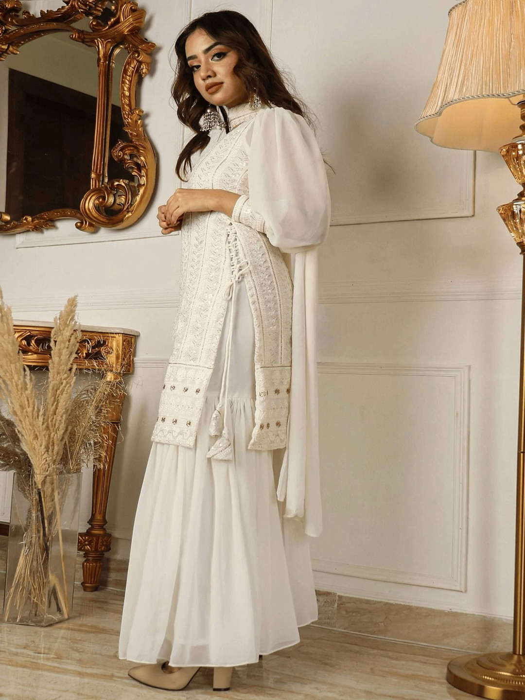 

ADENWEST Floral Embroidered Notch Neck Sequinned Straight Kurta With Sharara & Dupatta, Off white