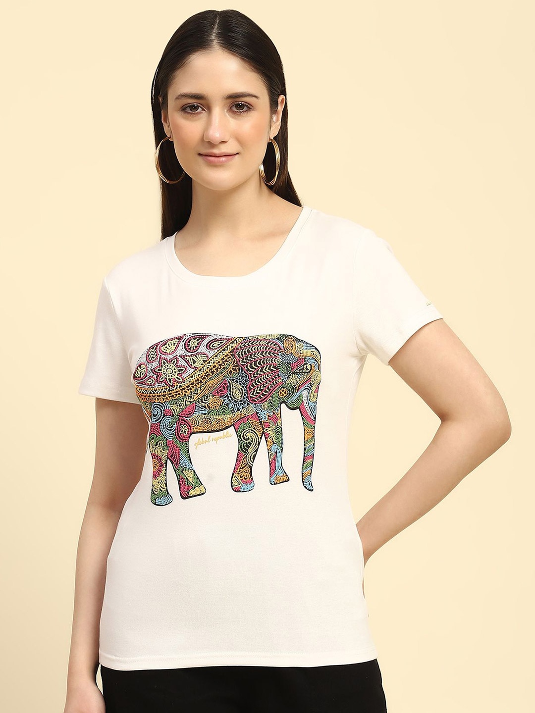 

Global Republic Women Graphic Embroidered Cotton Fitted Top, Off white