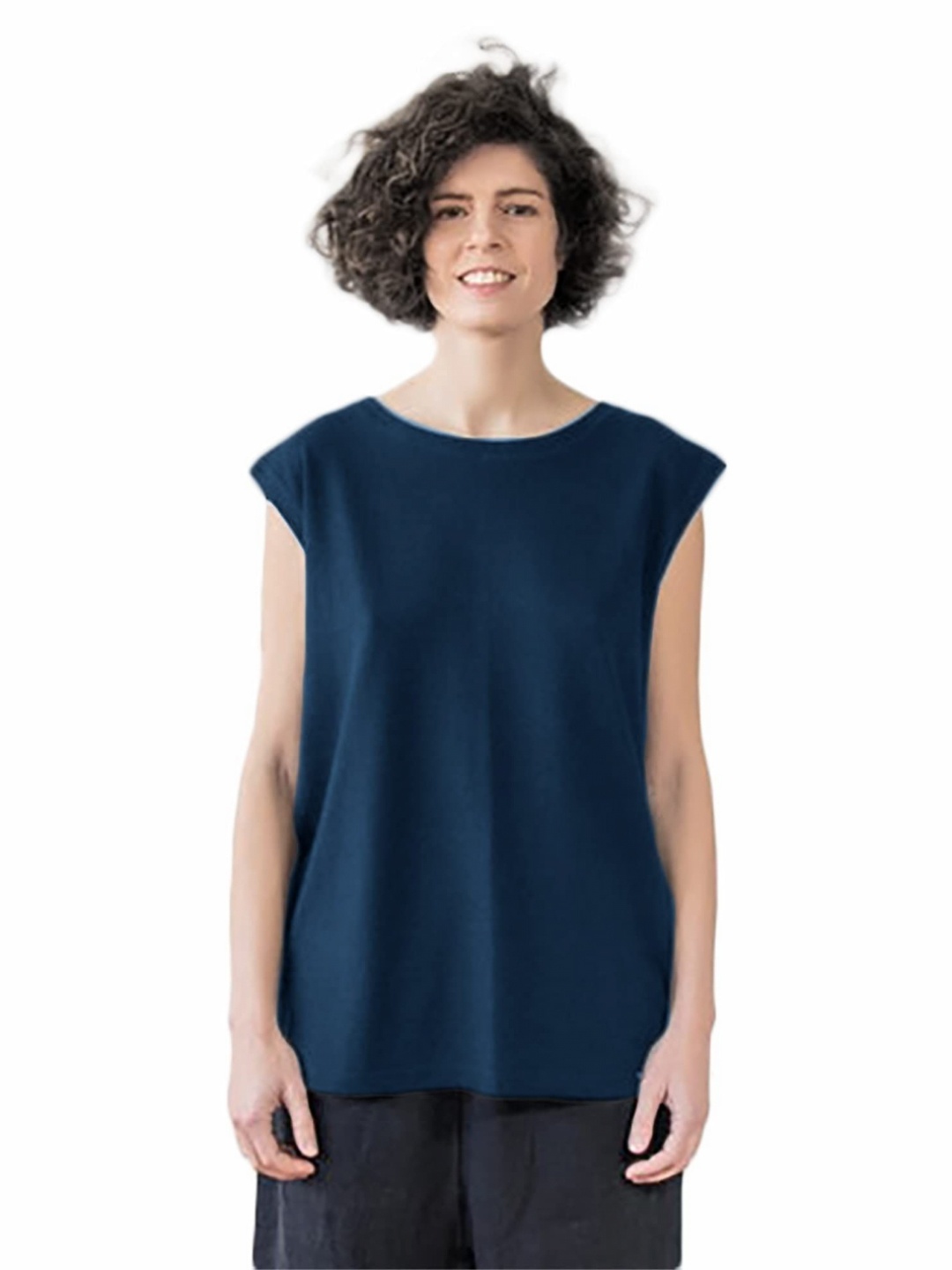 

NOTWILD Women Solid Round Neck Cotton T-shirt, Navy blue