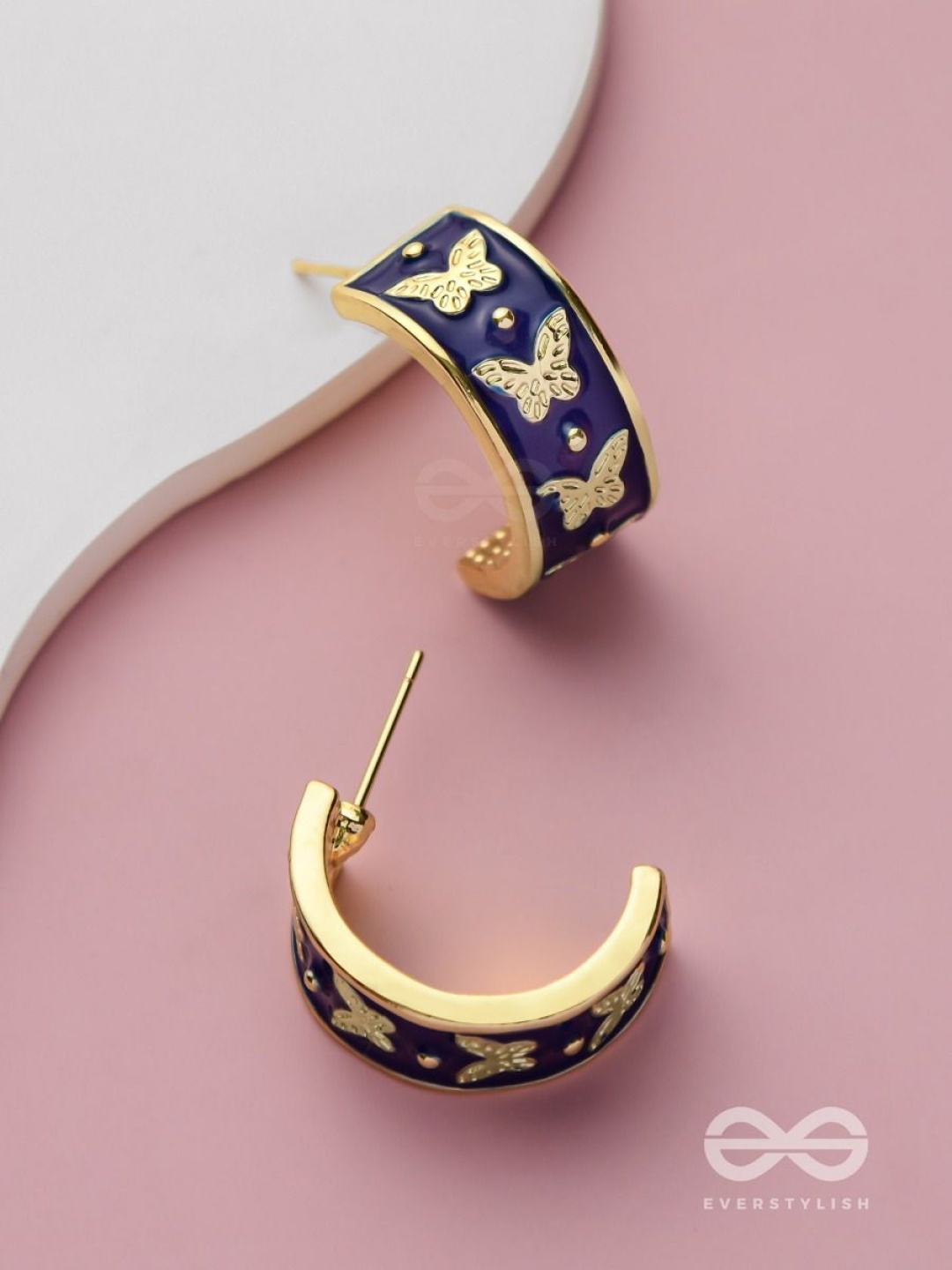 

EVERSTYLISH Golden Enamelled Contemporary Shaped Half Hoop Earrings, Gold