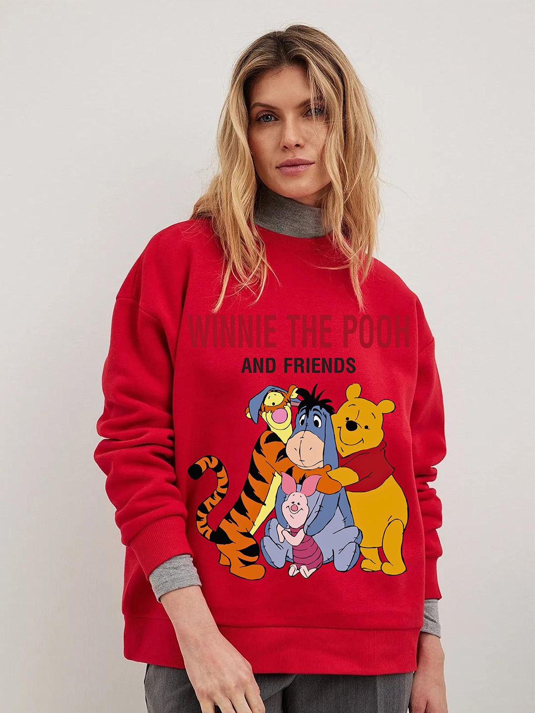 

RAYACLOSET Women Winnie The Pooh Printed Oversized Sweatshirt, Red