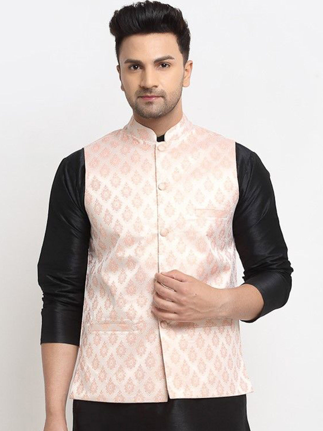 

Kaifoo Men Woven Design Nehru Jacket, Pink