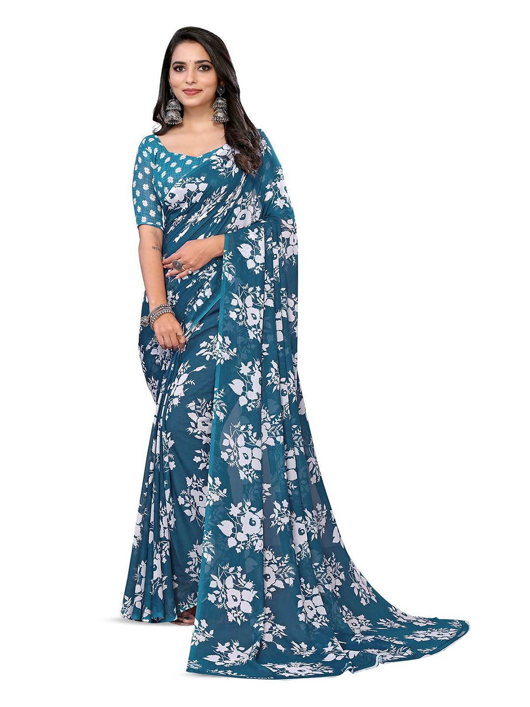 

Moda Rapido Floral Poly Georgette Saree, Blue