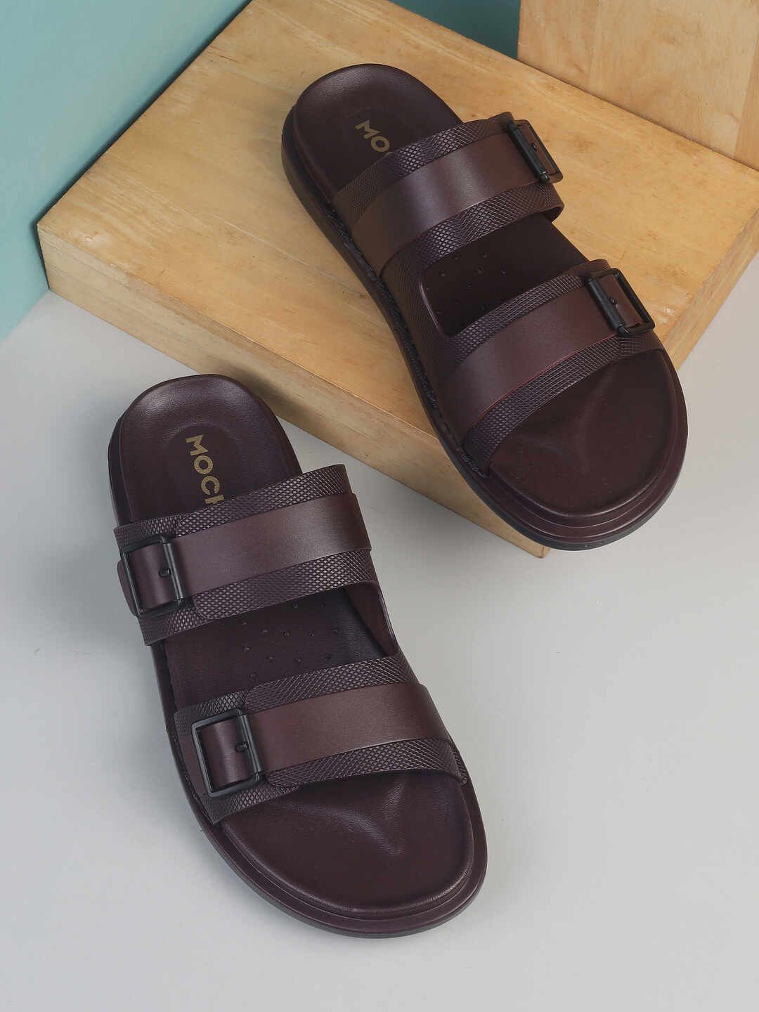 

Mochi Men Leather Comfort Sandals with Buckle, Maroon