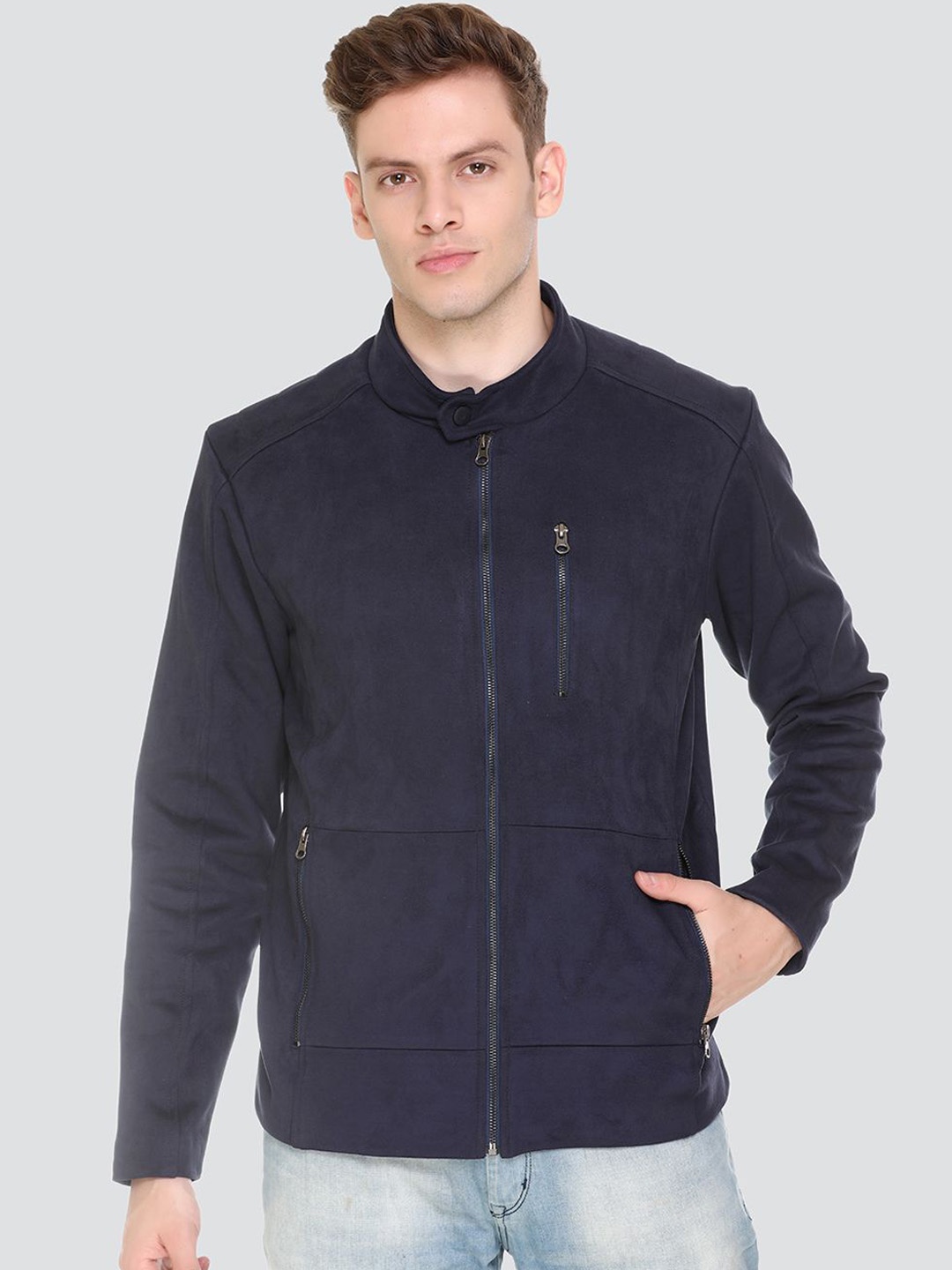 

The Roadster Lifestyle Co. Men Mandarin Collar Solid Casual Lightweight Tailored Jacket, Navy blue