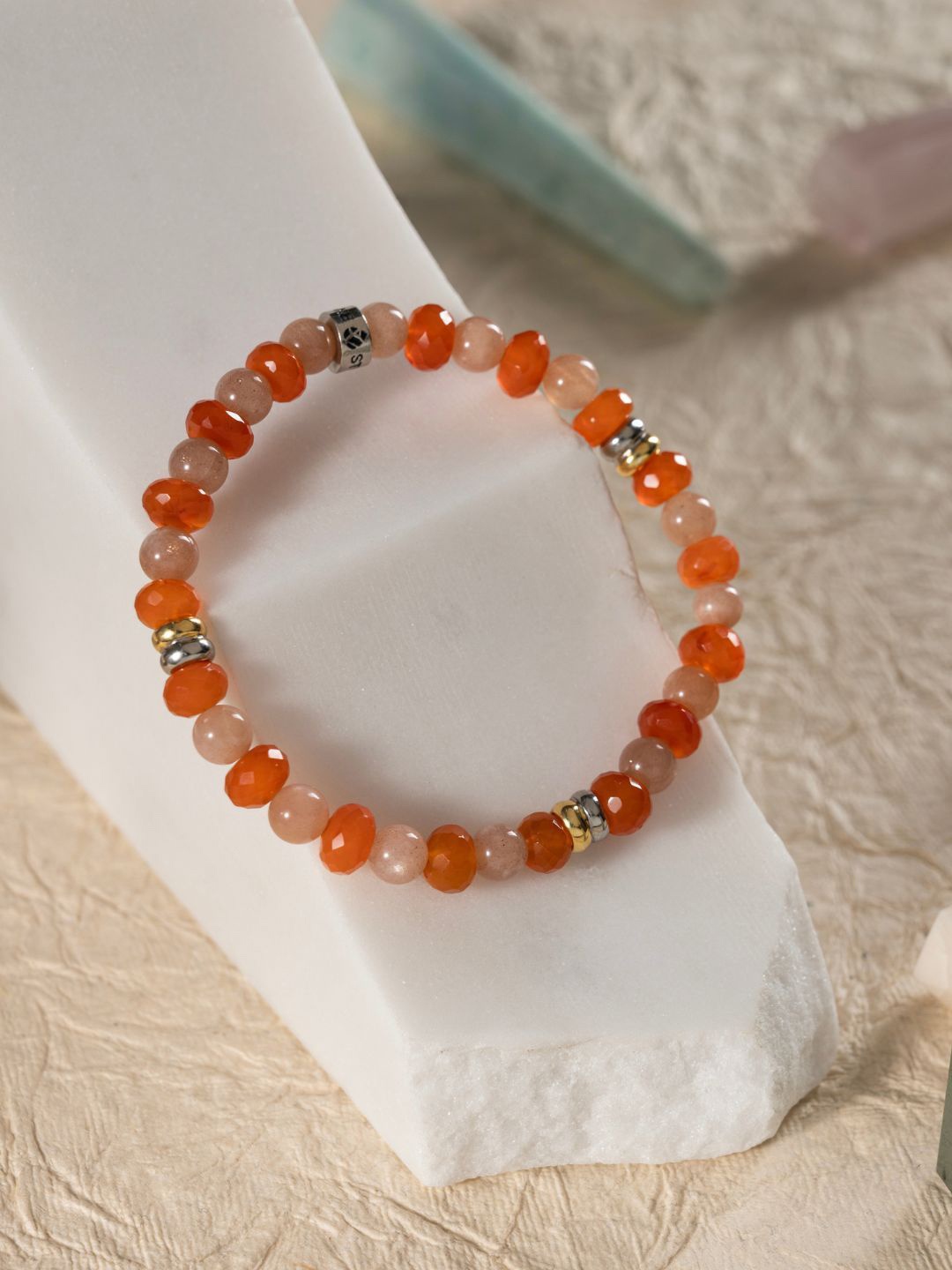 

Stone Story By Shruti Men 925 SterlingSilver Rhodium-Plated Carnelian Elasticated Bracelet, Silver