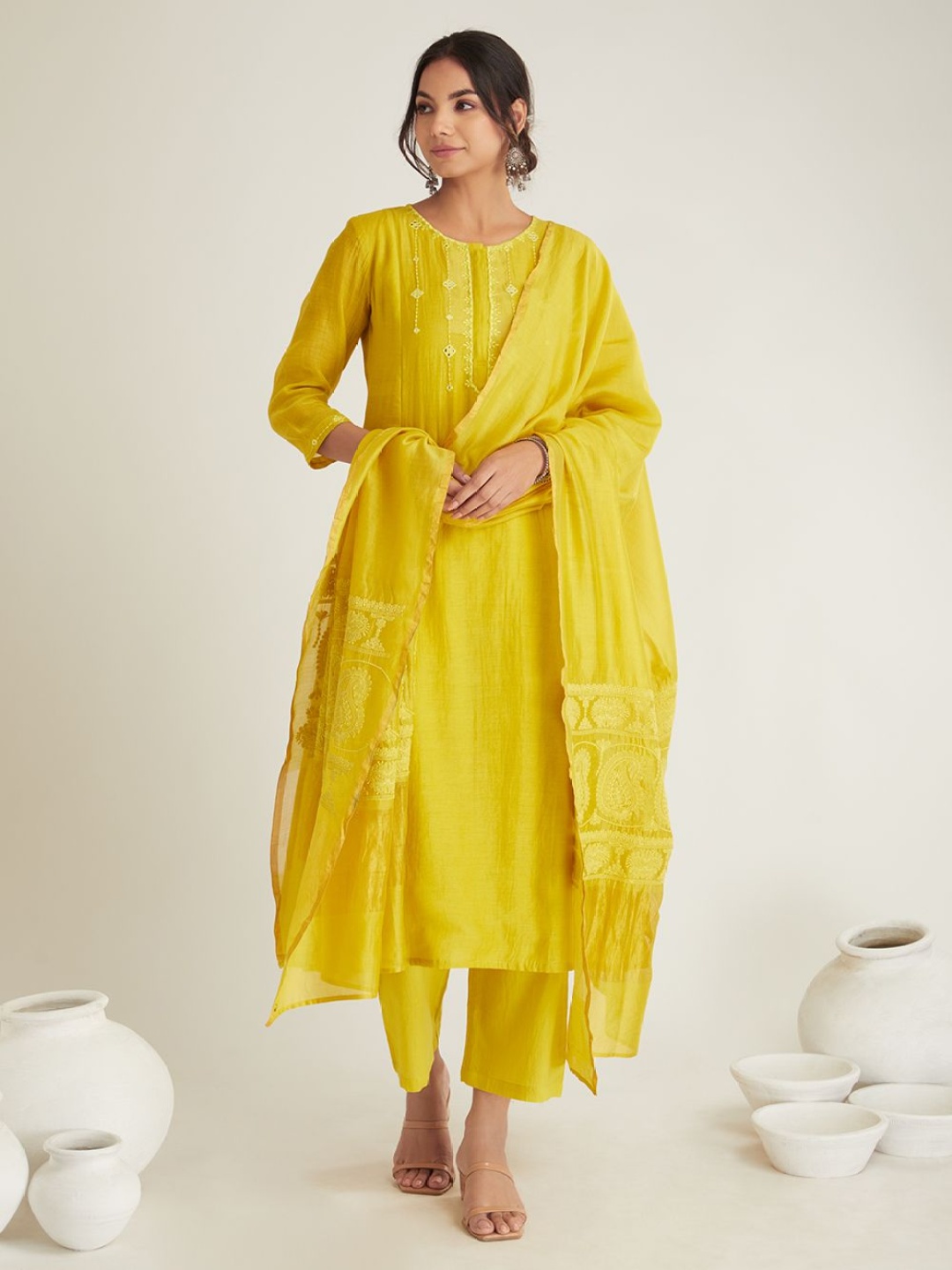 

SHILPI HANDICRAFTS Women Dyed Regular Sequinned Chanderi Cotton Kurta with Palazzos & With Dupatta, Mustard